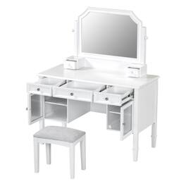 Ecooso - Large Adjustable Mirror Makeup Vanity Desk with Drawer and Cabinet, Space-Saving Beauty Station - White