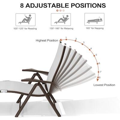 8 Adjustable Positions

105°-125° for Reading  
130°-160° for Relaxing  
165° for Napping

Highest Position  
1 2 3 4 5 6 7 8  
Lowest Position