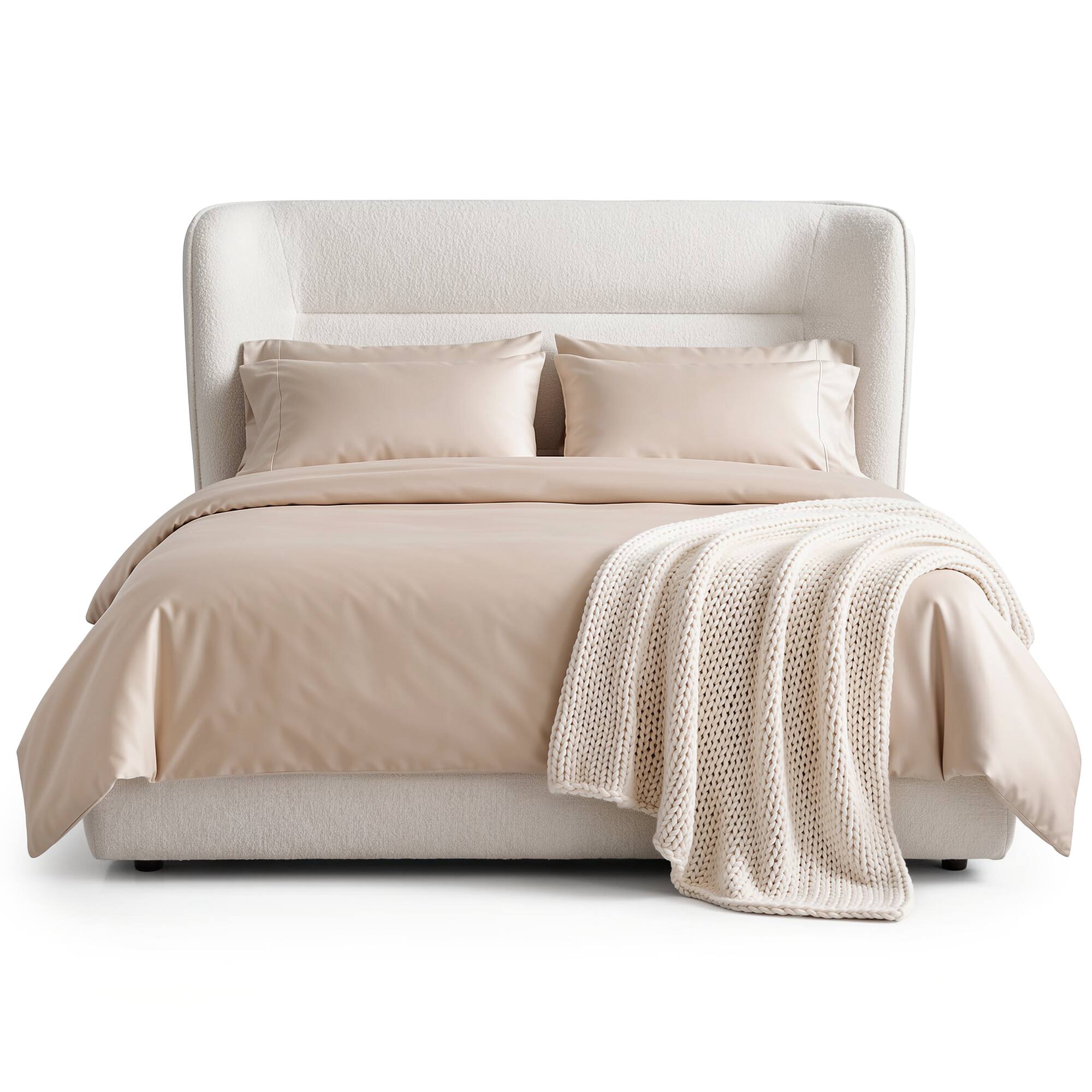 Alt View 7. ModernMate - Upholstered Bed with High Headboard and Footboard Solid Wood Base Platform Beds - Beige.