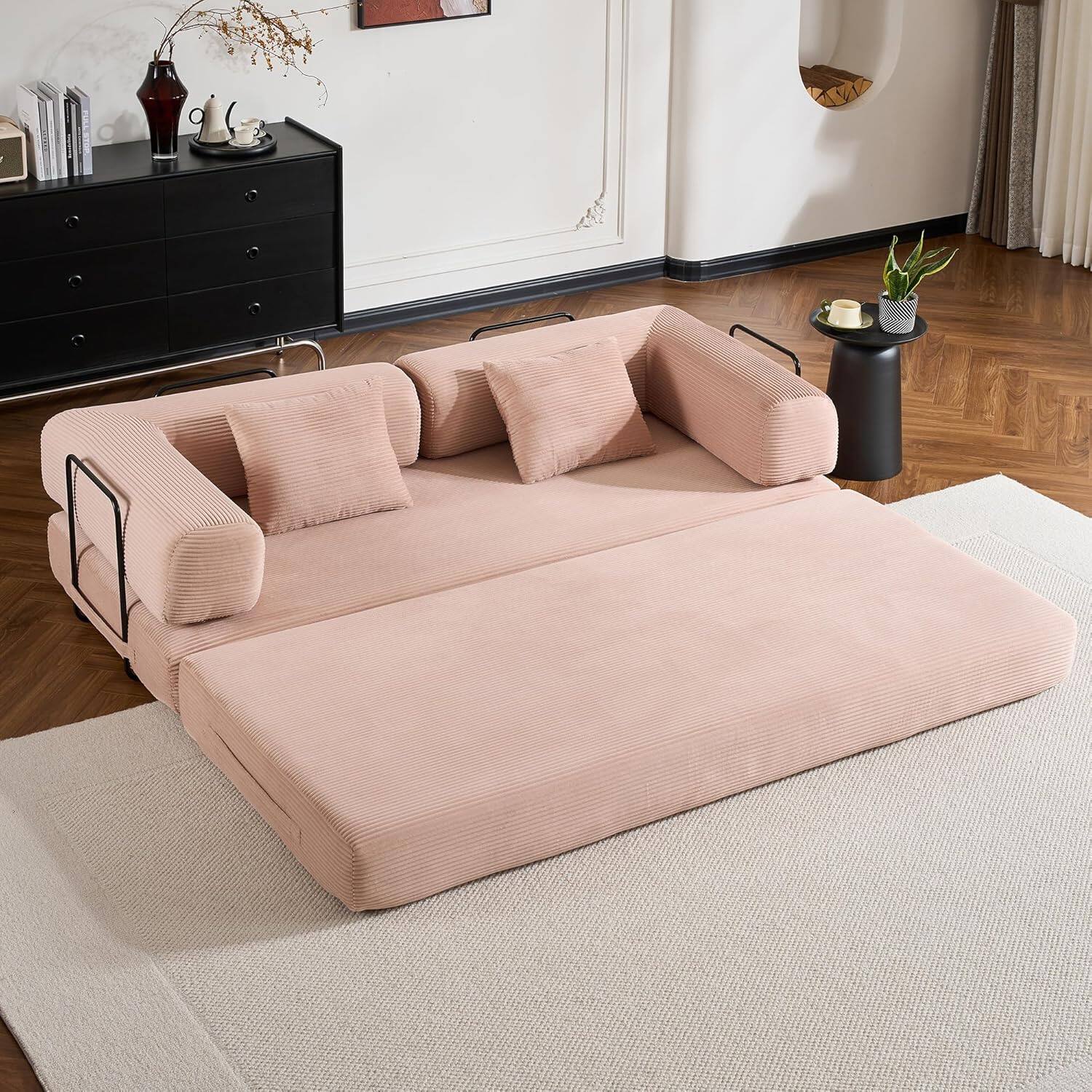 Alt View 7. Trinkets Crazed - Convertible Sleeper Sofa Bed with Fixed-Shape Frame, Corduroy Folding Boneless Couch  - pink.