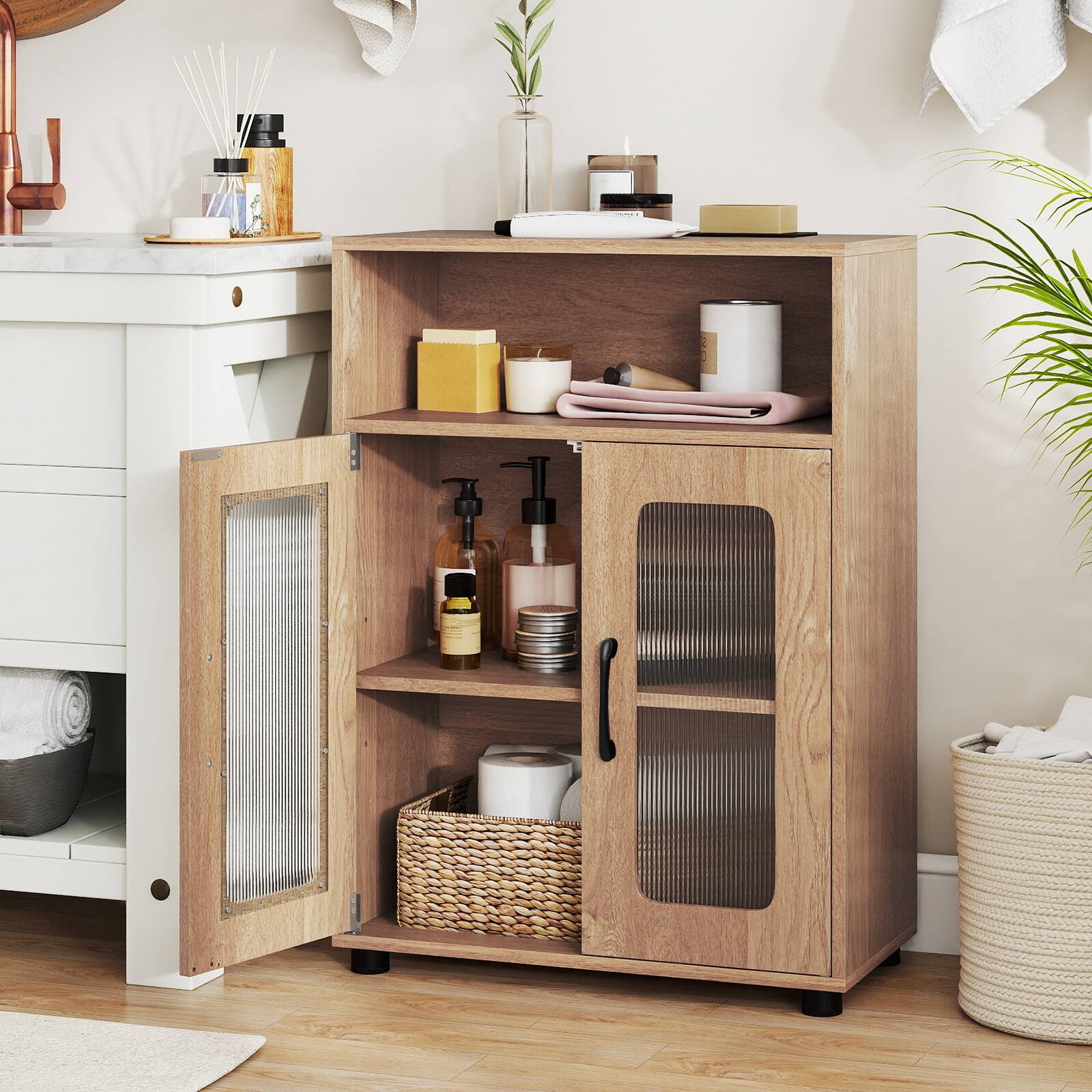 Alt View 4. Gymax - Gymax Bathroom Cabinet Freestanding Cabinet w/ 2 Doors & 3-Level Adjustable Shelf Natural - Yellow.