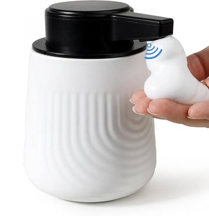 Front. FINEAK - 10oz Ceramic Touchless Foaming Soap Dispenser Adjustable Extended Nozzle White Bathroom Kitchen - White.