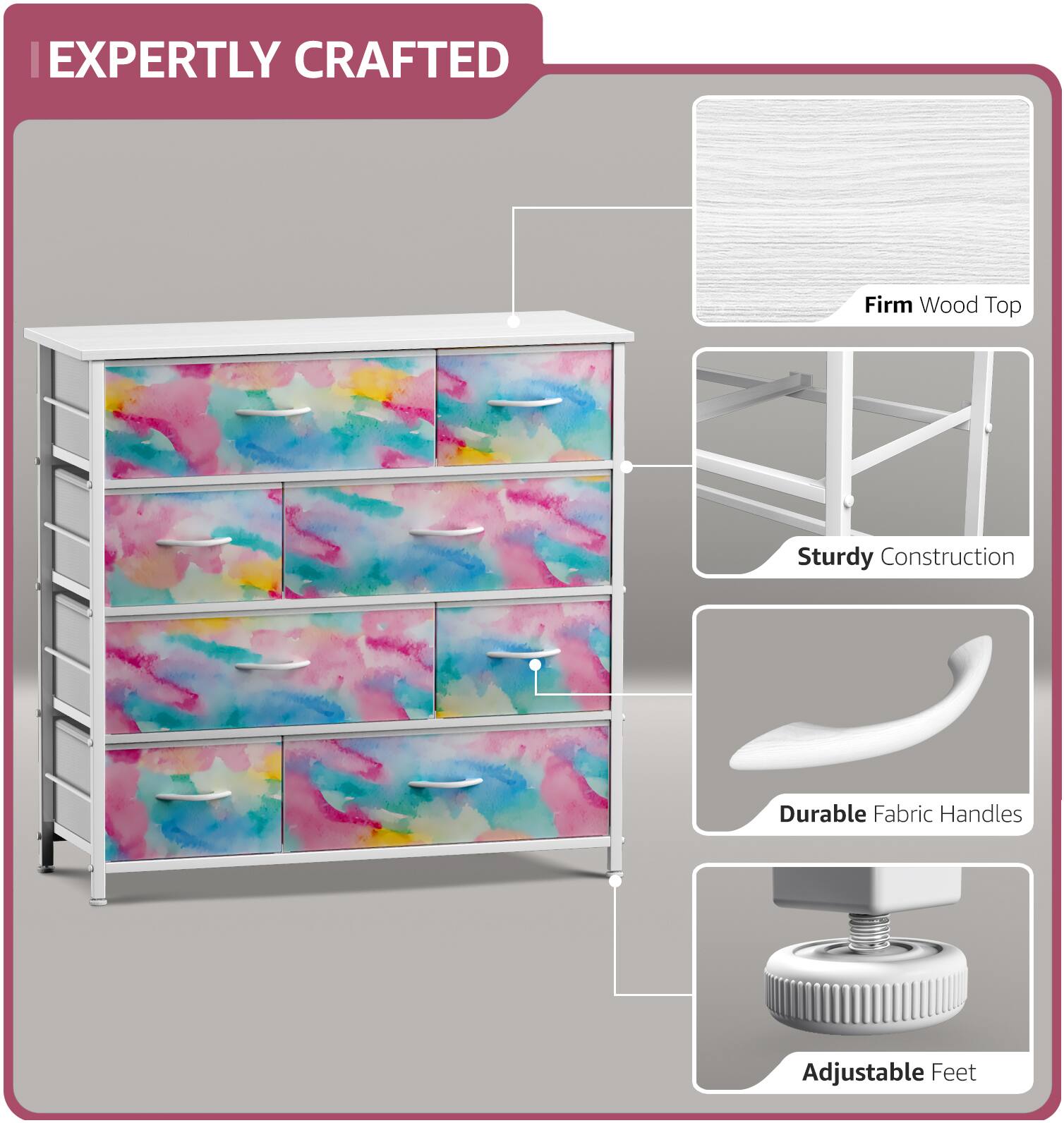 EXPERTLY CRAFTED

- Firm Wood Top
- Sturdy Construction
- Durable Fabric Handles
- Adjustable Feet