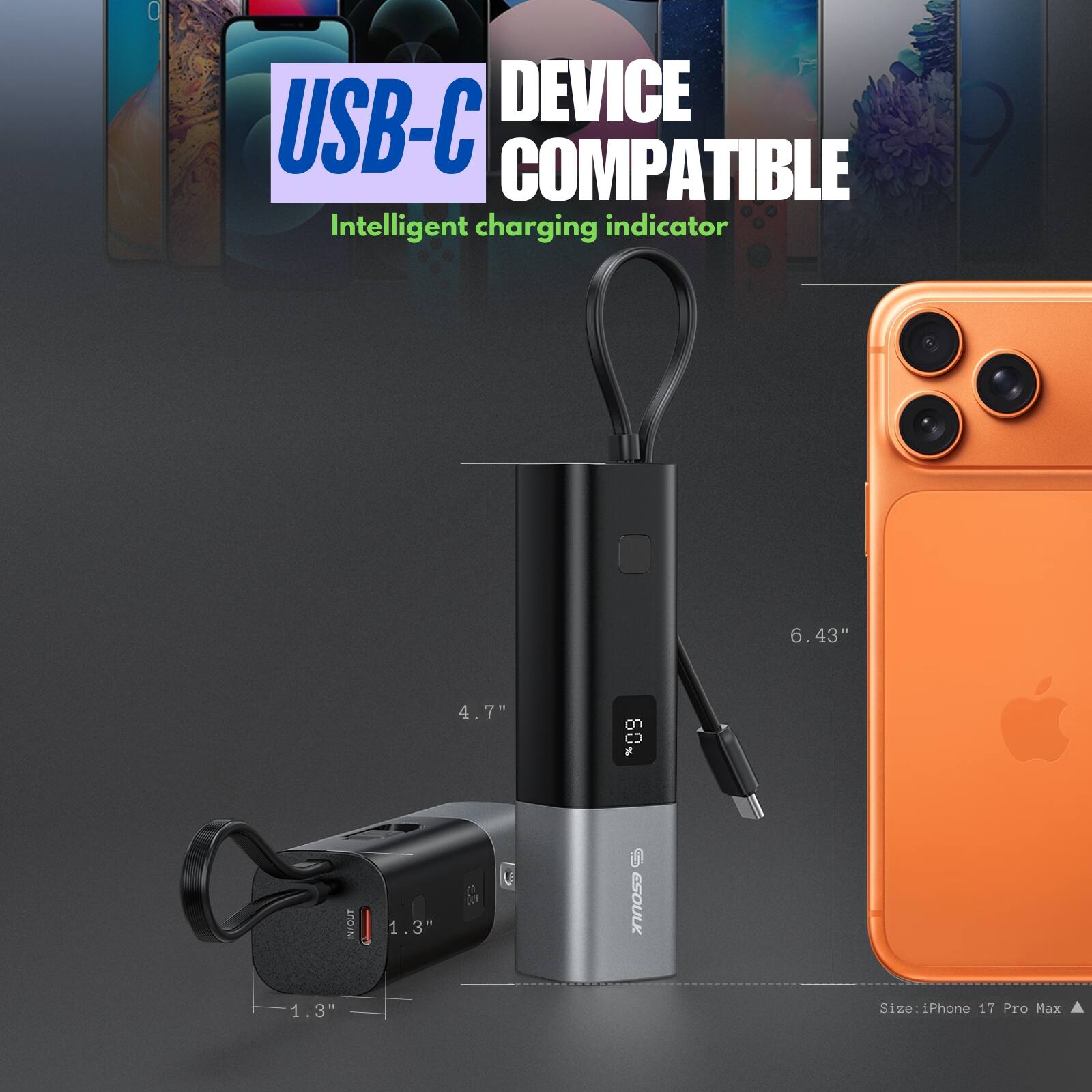 USB-C  
DEVICE COMPATIBLE  
Intelligent charging indicator  

Size: iPhone 17 Pro Max  

6.43"  
4.7"  
1.3"  
1.3"