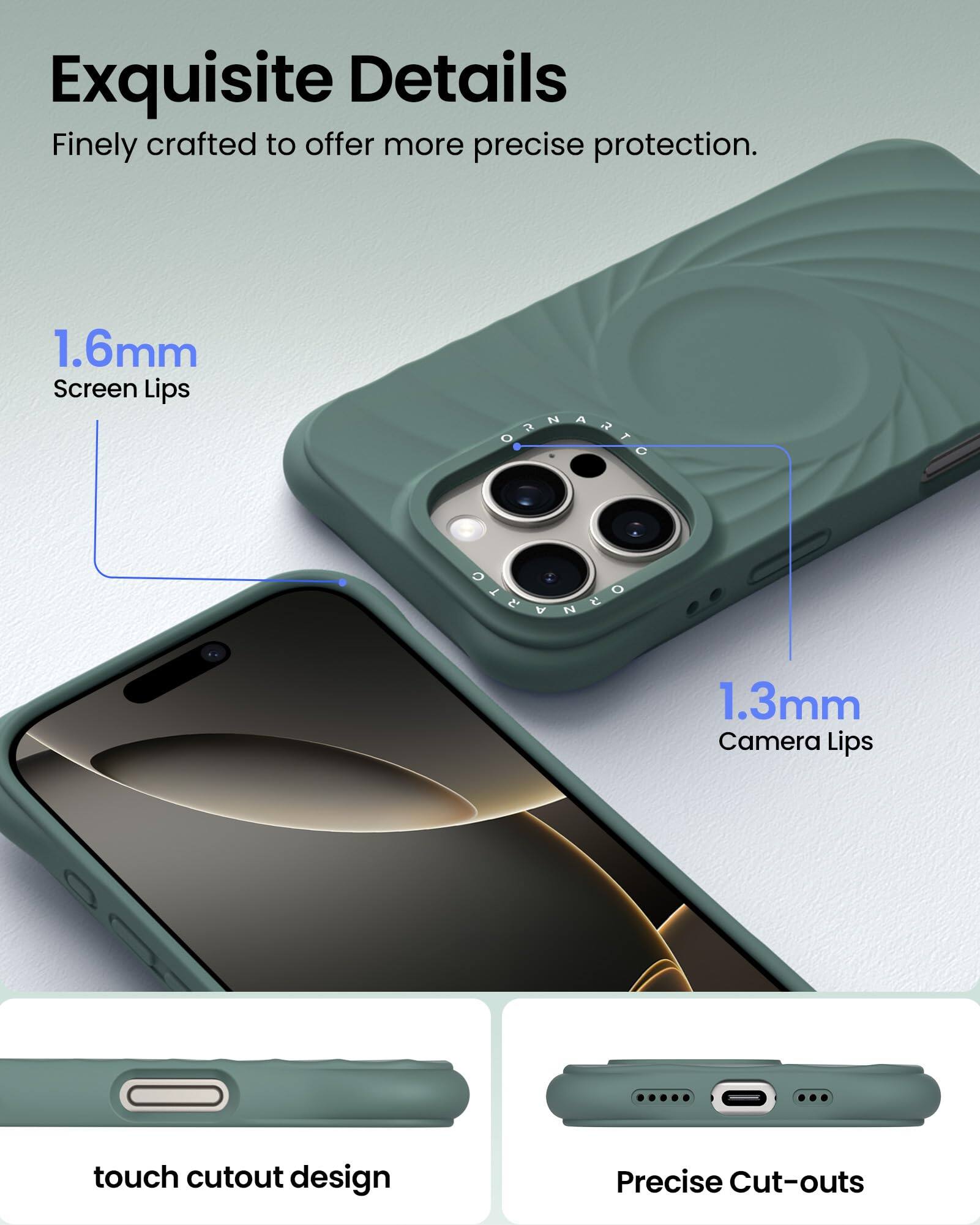 Exquisite Details Finely crafted to offer more precise protection. 1.6mm Screen Lips 1.3mm Camera Lips touch cutout design Precise Cut-outs
