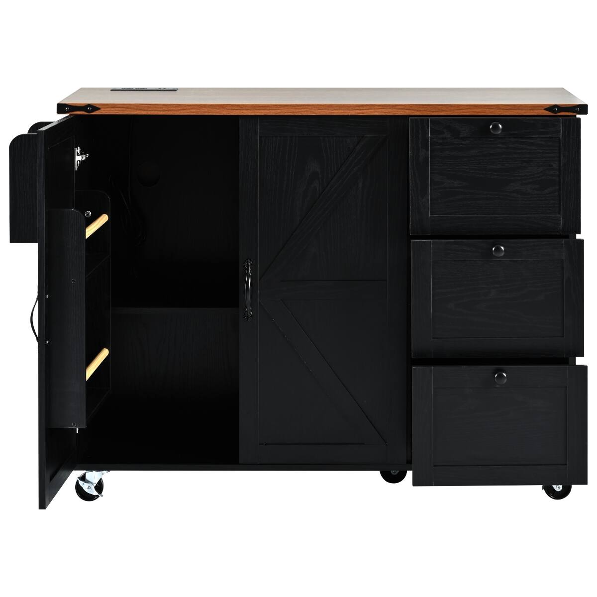 Alt View 7. Loheer - Loheer 54.5" Farmhouse Kitchen Island with Power Outlet, Drop Leaf, Rolling Kitchen Cart on Wheels, Black - Black.