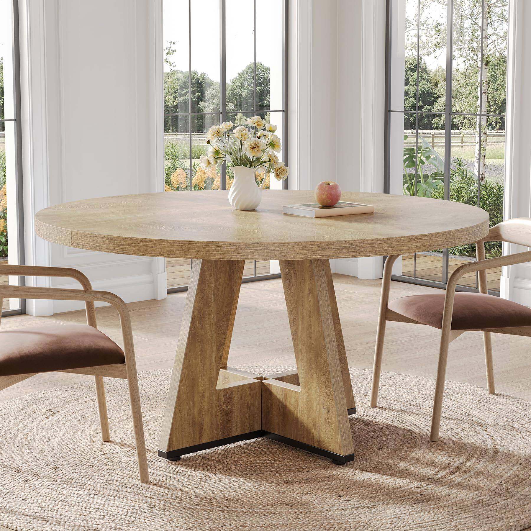 Left. MAGICAL RUBS - Round Dining Table For 4-6 People  47 Inches Room With Wooden Pedestal Base Circle Kitchen Tables Living Oak - Oak.