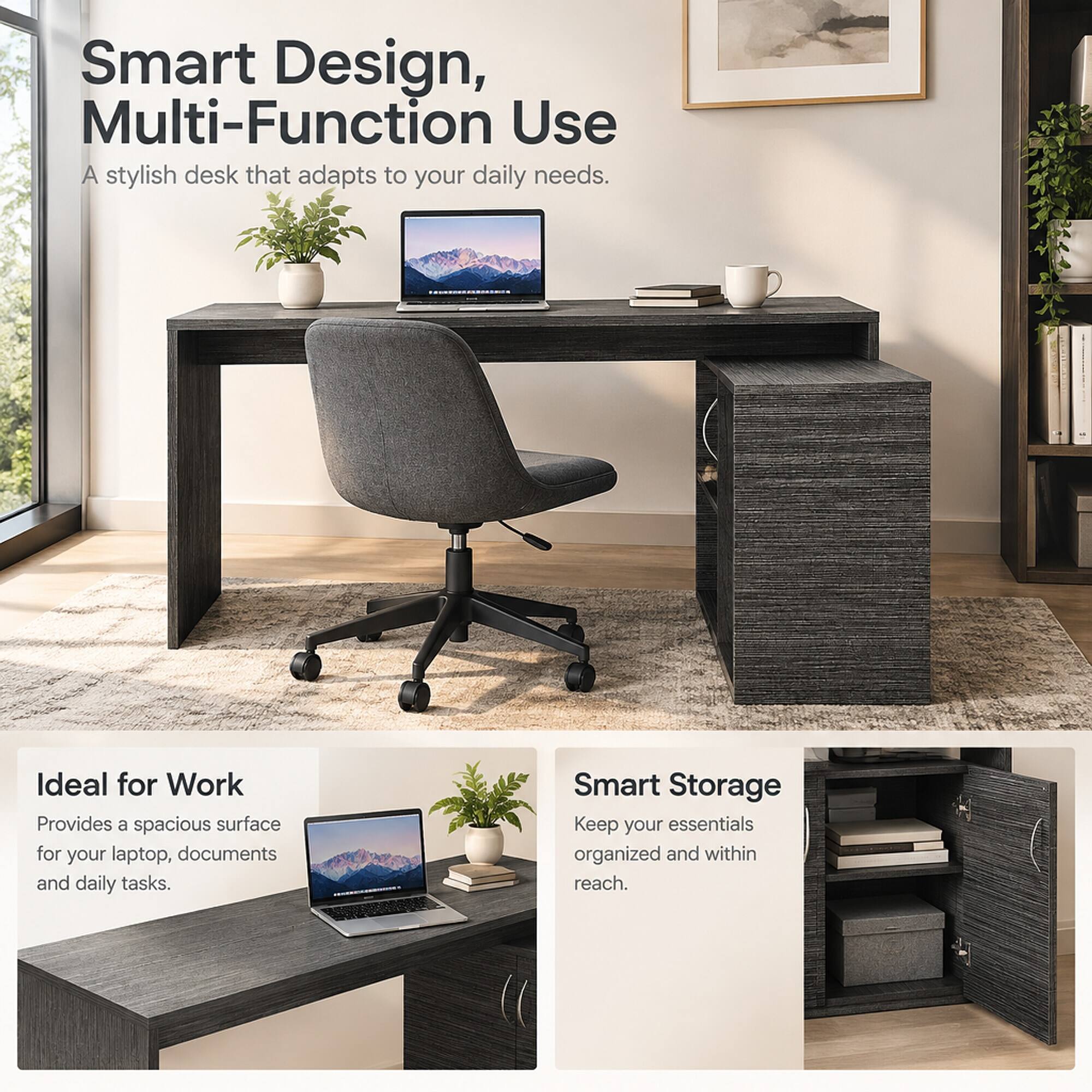 Smart Design, Multi-Function Use  
A stylish desk that adapts to your daily needs.  

Ideal for Work  
Provides a spacious surface for your laptop, documents and daily tasks.  

Smart Storage  
Keep your essentials organized and within reach.