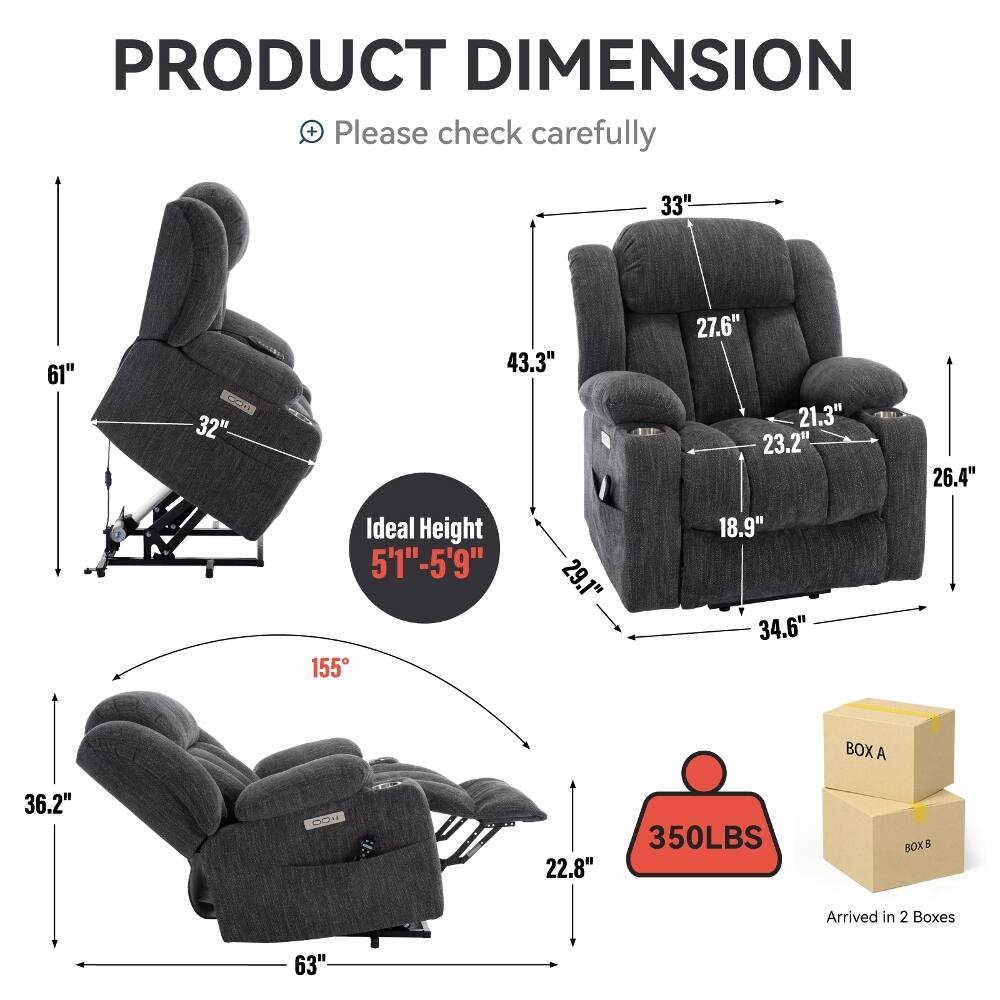 PRODUCT DIMENSION  
Please check carefully

- 33"
- 61"
- 32"
- 43.3"
- 27.6"
- 21.3"
- 23.2"
- 26.4"
- 29.1"
- 18.9"
- 34.6"
- 36.2"
- 22.8"
- 63"

Ideal Height: 5'1" - 5'9"

BOX A  
BOX B  
Arrived in 2 Boxes

350LBS