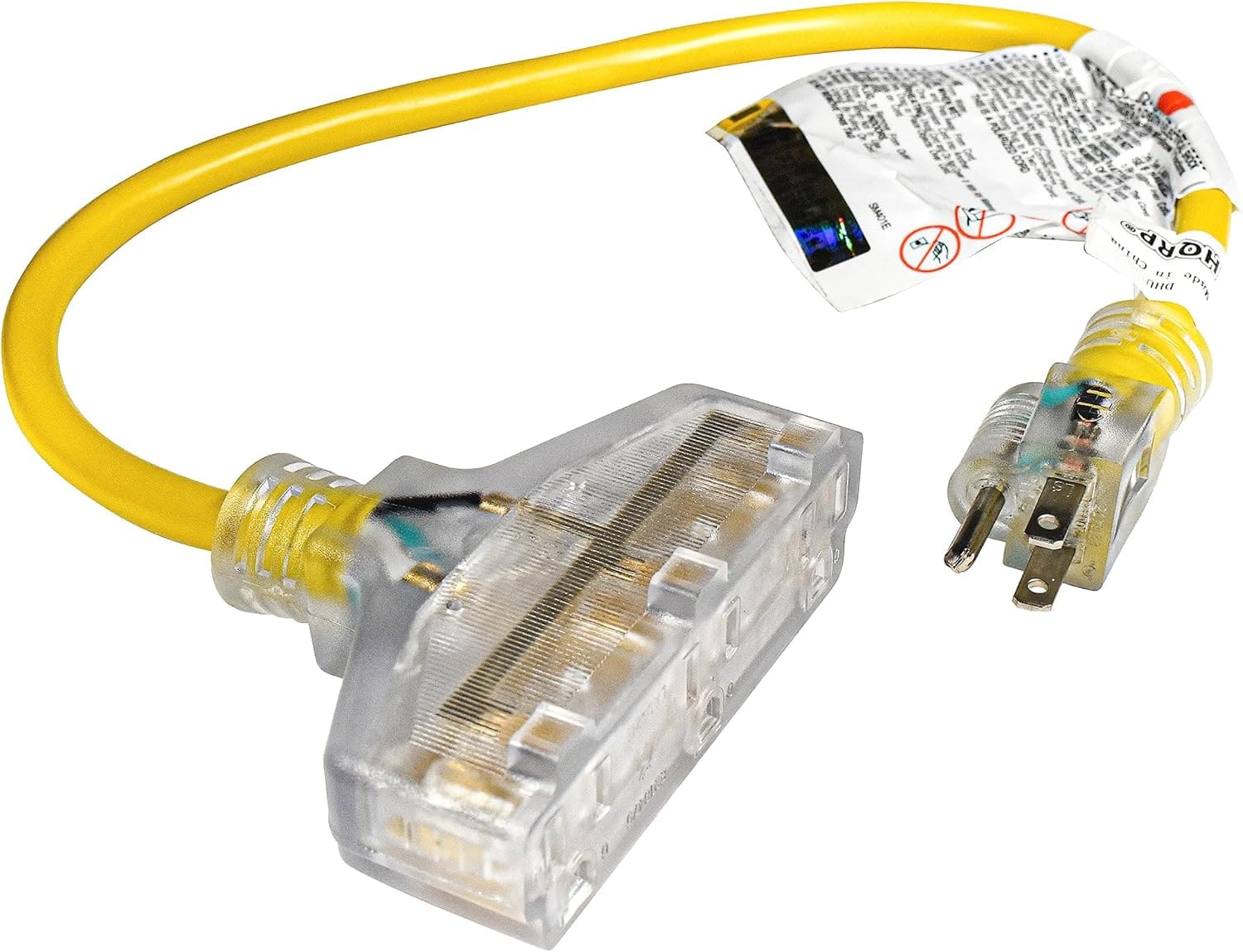 HQRP - 2ft 3 Prong Extension Cord Heavy Duty Outdoor, Lighted, 12AWG 15 Amps 125V, NEMA 5-15P to NEMA 5-15R, UL Listed - Yellow
