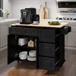 U-HOMY - Rolling Kitchen Island Cart with Drop Leaf, Wooden Countertop, 2-Door Cabinet, 5 Drawers & Spice Rack - Black