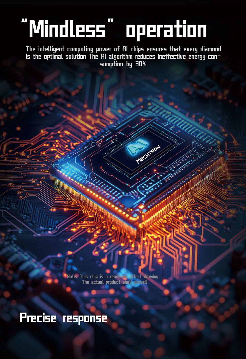 "Mindless" operation

The intelligent computing power of AI chips ensures that every diamond is the optimal solution. The AI algorithm reduces ineffective energy consumption by 30%.

AL MECHTRON

Note: This chip is a rendering effect drawing. The actual product shall prevail.

Precise response