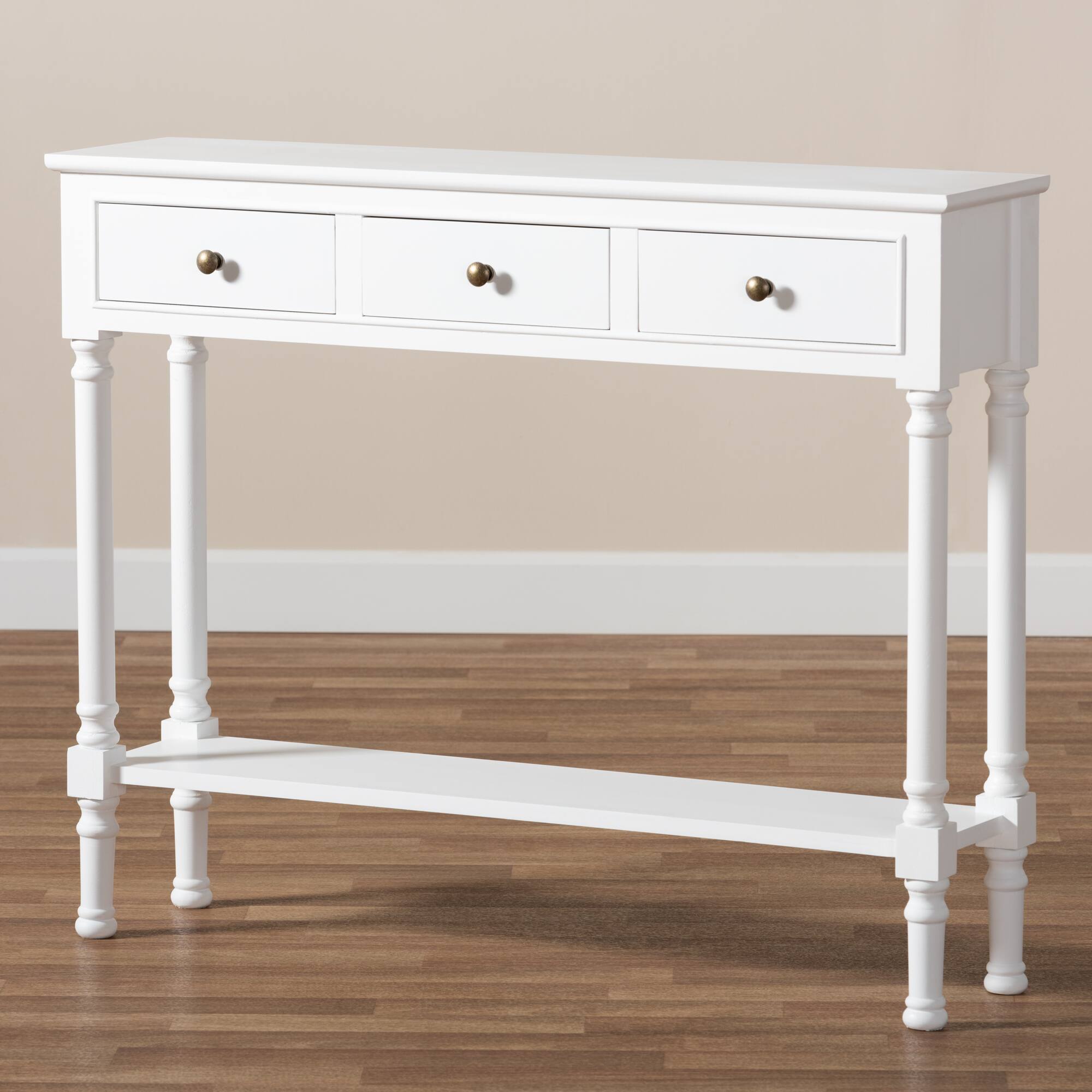 Alt View 4. Baxton Studio - Calvin Classic and Traditional French Farmhouse White Finished Wood 3-Drawer Entryway Console Table - White.