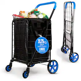 SereneLife - Compact Folding Shopping Cart – Waterproof Liner, 70 lb Capacity, 360° Swivel Wheels - Blue
