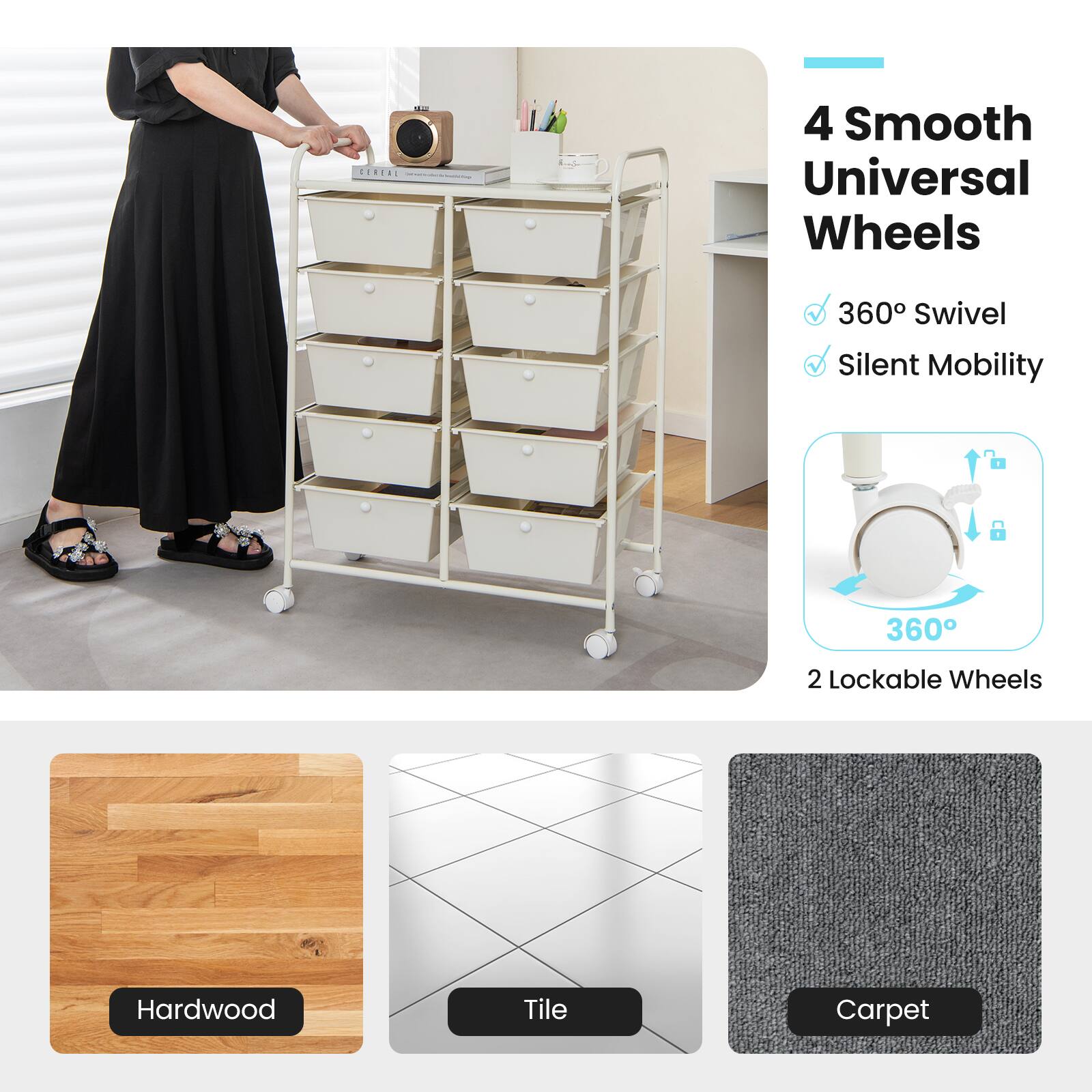 - 4 Smooth Universal Wheels
- 360° Swivel
- Silent Mobility
- 2 Lockable Wheels
- Hardwood
- Tile
- Carpet