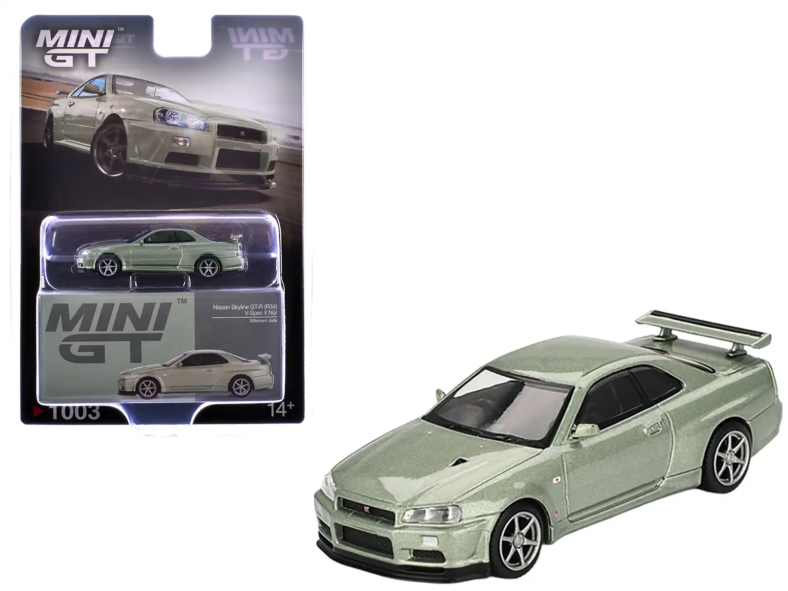 Mini GT - Nissan Skyline GT-R (R34) V-Spec II Nur RHD (Right Hand Drive) Millenium Limited Edition 1/64 - Jade Metallic