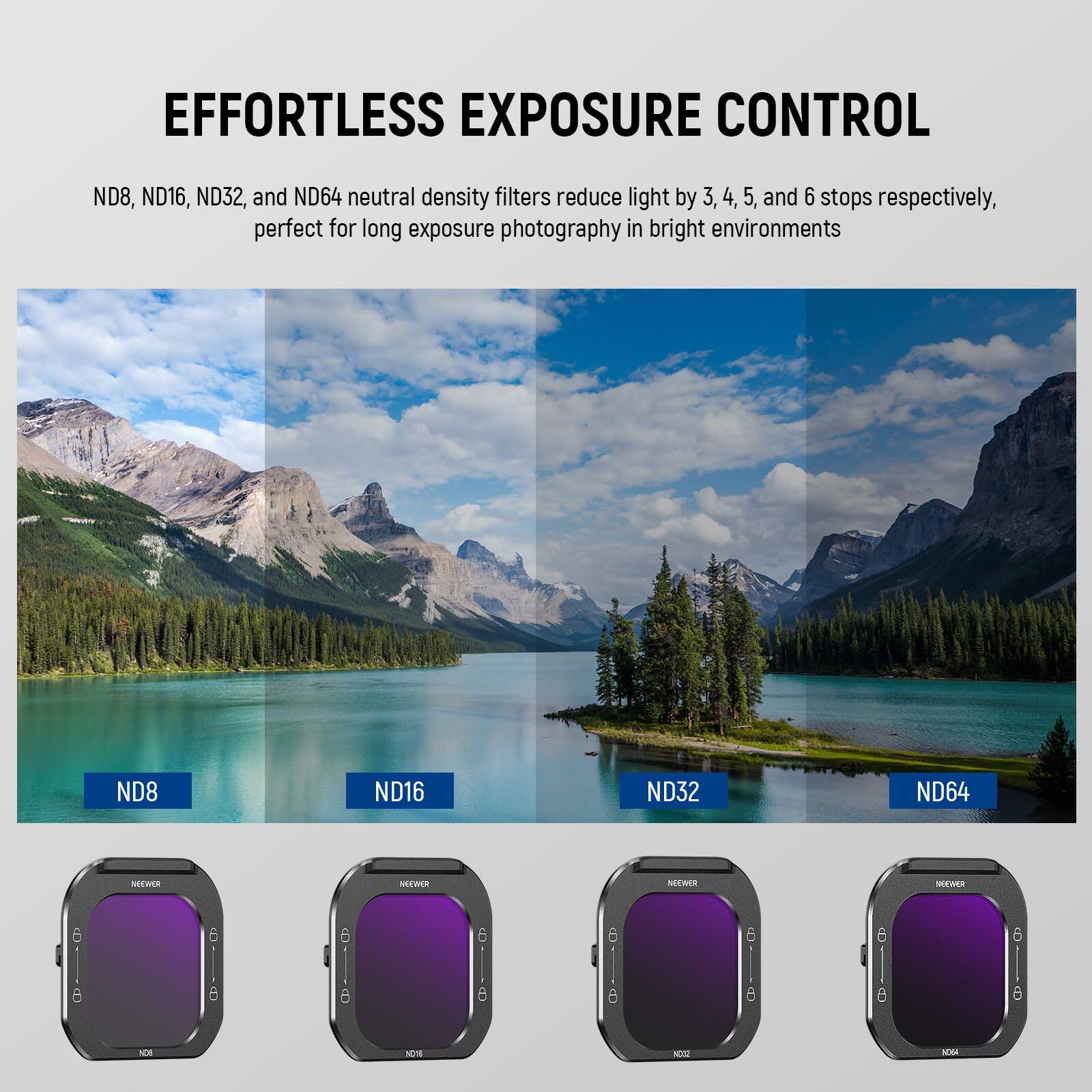 EFFORTLESS EXPOSURE CONTROL

ND8, ND16, ND32, and ND64 neutral density filters reduce light by 3, 4, 5, and 6 stops respectively, perfect for long exposure photography in bright environments

ND8 ND16 ND32 ND64

NEEWER