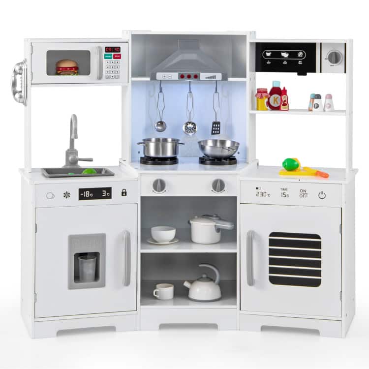 SlickBlue - Kids Wooden Pretend Kitchen Toy with Working Range Hood, Lights and Sounds - White