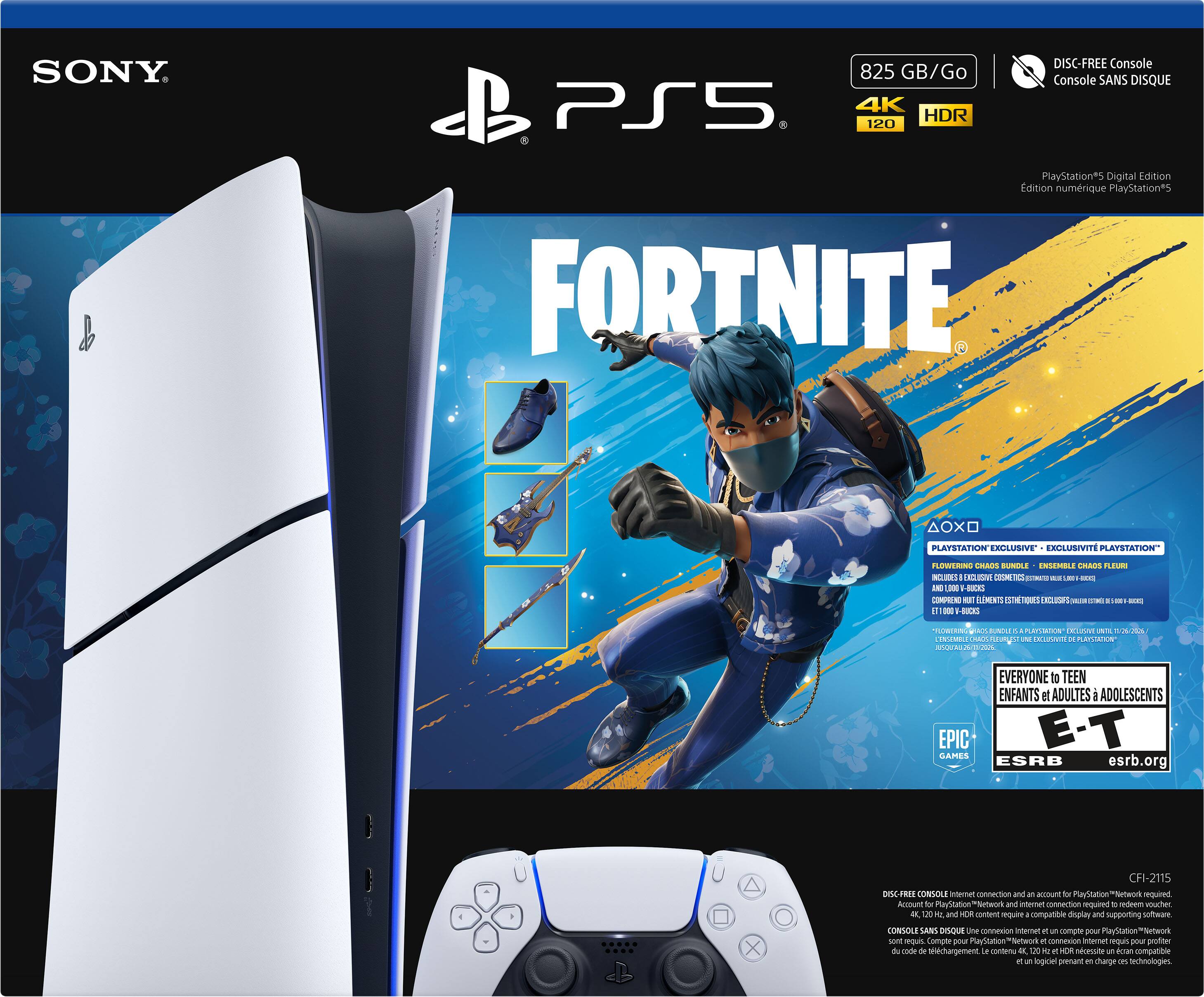 Sure, here is the corrected and grouped text from the image:

---

**SONY**

**PS5**

**825 GB/Go**

**4K HDR 120**

**DISC-FREE Console**

**Console SANS DISQUE**

**PlayStation®5 Digital Edition**

**Edition numérique PlayStation®5**

**FORTNITE**

**AOX**

**PLAYSTATION® EXCLUSIVE**

**EXCLUSIVITÉ PLAYSTATION®**

**FLOWERING CHARM BUNDLE**

**ENSEMBLE CHARME FLEURANT**

**Avec 1000 V-Bucks**

**COMPREND 1000 V-BUCKS**

**ET 1000 BUCKS**

**"FORTNITE" est un jeu vidéo disponible sur PlayStation®5.**

**"FORTNITE" est un jeu vidéo disponible sur PlayStation®5.**

**"FORTNITE" est un jeu vidéo disponible sur PlayStation®5.**

**"FORTNITE" est un jeu vidéo disponible sur PlayStation®5.**

**"FORTNITE" est un jeu vidéo disponible sur PlayStation®5.**

**"FORTNITE" est un jeu vidéo disponible sur