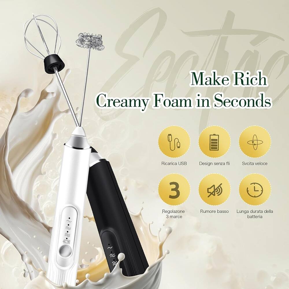 Creamy Foam Make in Seconds  
Rich  
Ricarica USB  
Design senza fili  
Svita veloce  
3 Regolazione  
Rumore basso  
Lunga durata della batteria