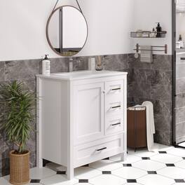 U-HOMY - Modern Bathroom Vanity with Ceramic Sink, Soft-Close Storage Cabinet and Drawer, Glossy Countertop, White - 30"x18"