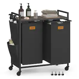 Songmics Home - Laundry Hamper, Laundry Sorter Rolling Cart with Shelves, Small Side Pockets, 6 Labels, 2 Compartments, 26.4 Gal.(100 L) - Ink Black and Ash Brown