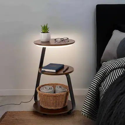 Front. VIVZONE - 3-Tier Nightstand with Integrated Light and Charging Station - Brown.