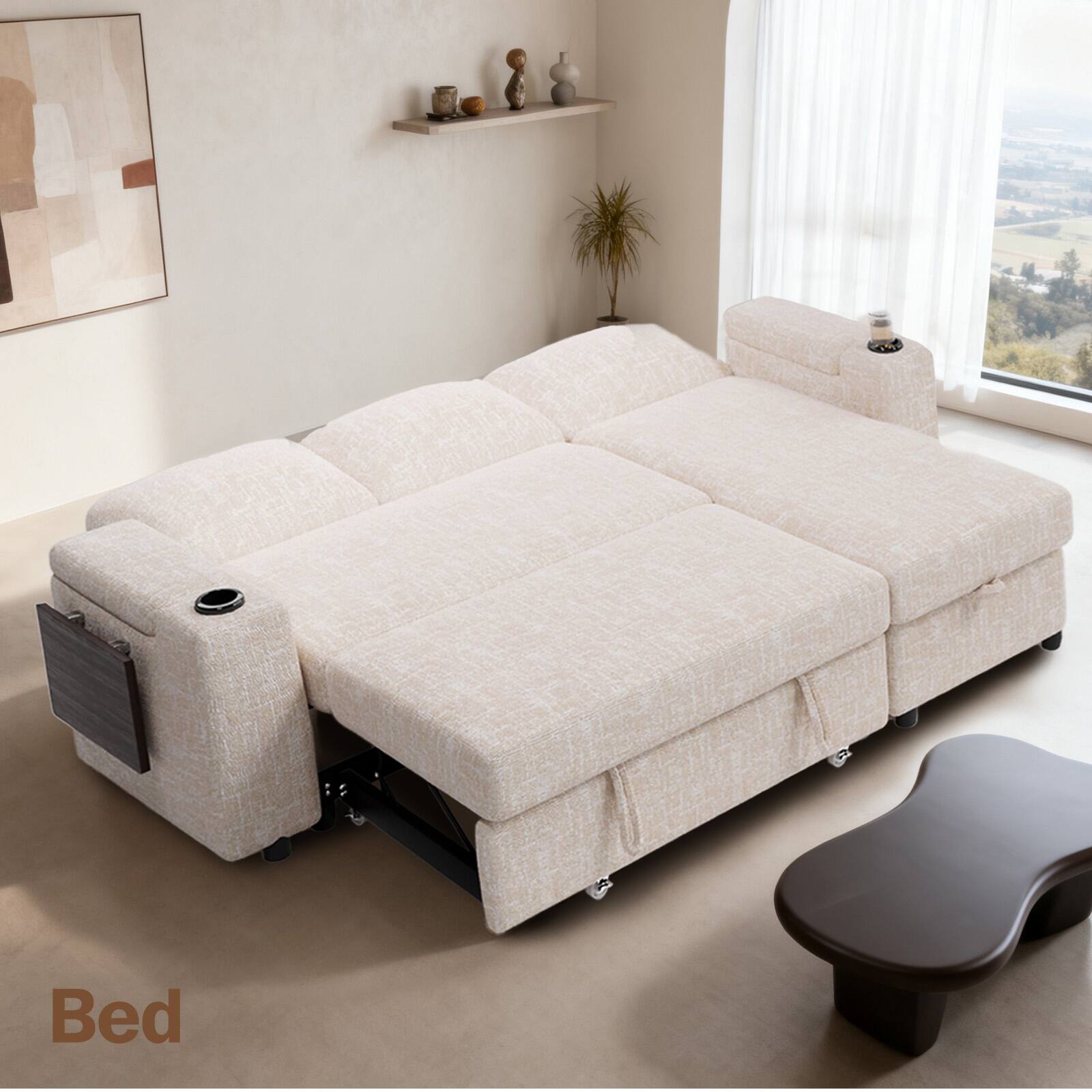 Angle. Vipbear - Vipbear 85" Modular Sectional Sleeper Sofa with Pull Out Bed, 3 Seat L Shaped with Reclining Backrest,Chenille Beige - Beige.