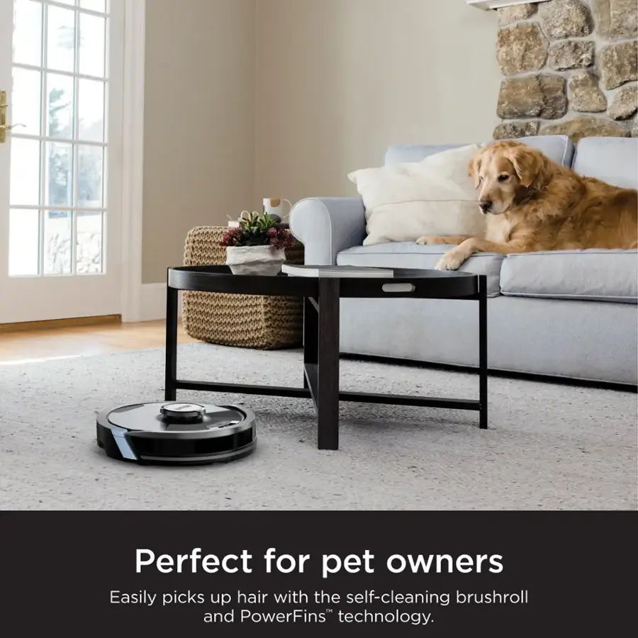The text on the image reads: "Perfect for pet owners Easily picks up hair with the self-cleaning brushroll and PowerFins" technology."