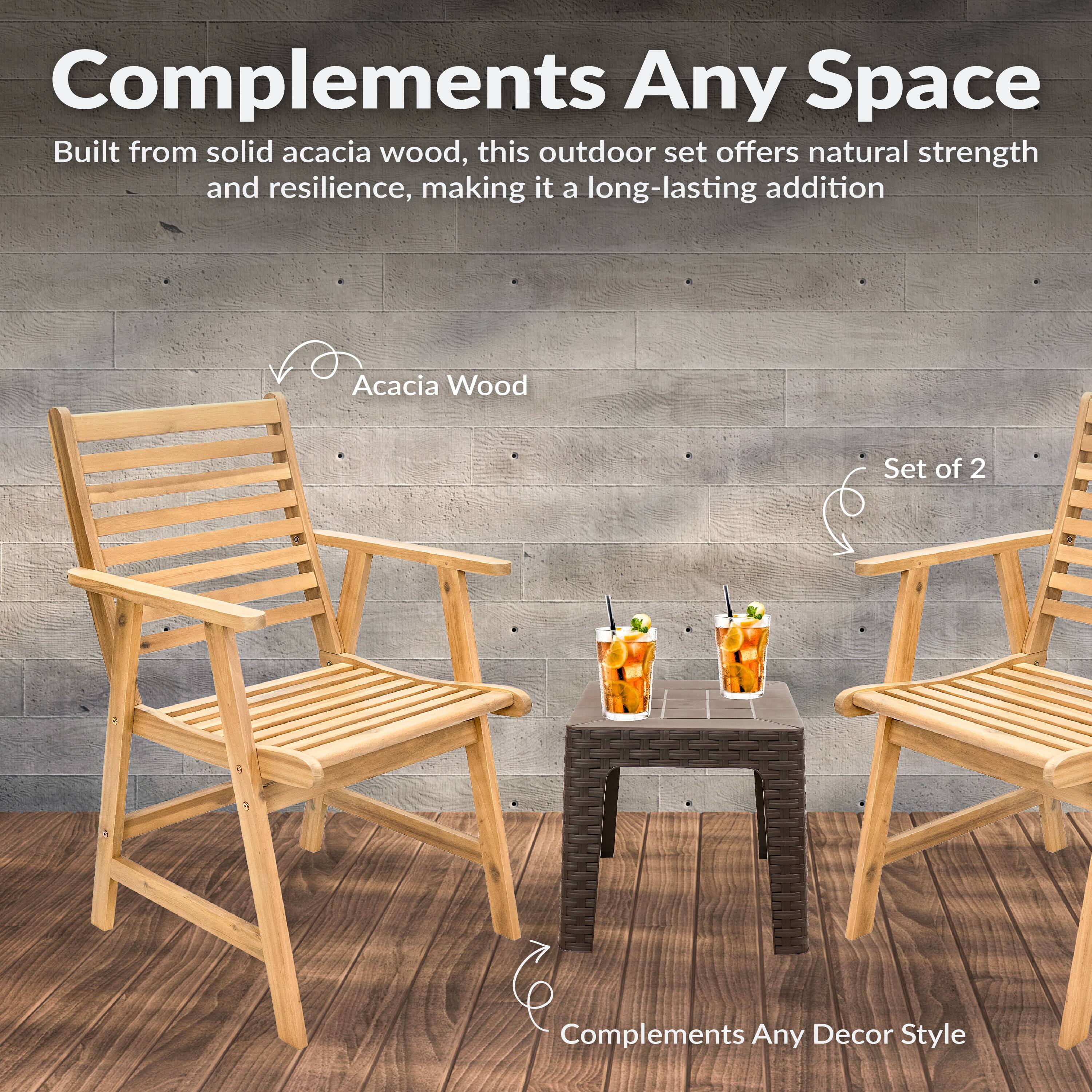 Complements Any Space

Built from solid acacia wood, this outdoor set offers natural strength and resilience, making it a long-lasting addition.

- Acacia Wood
- Set of 2
- Complements Any Decor Style