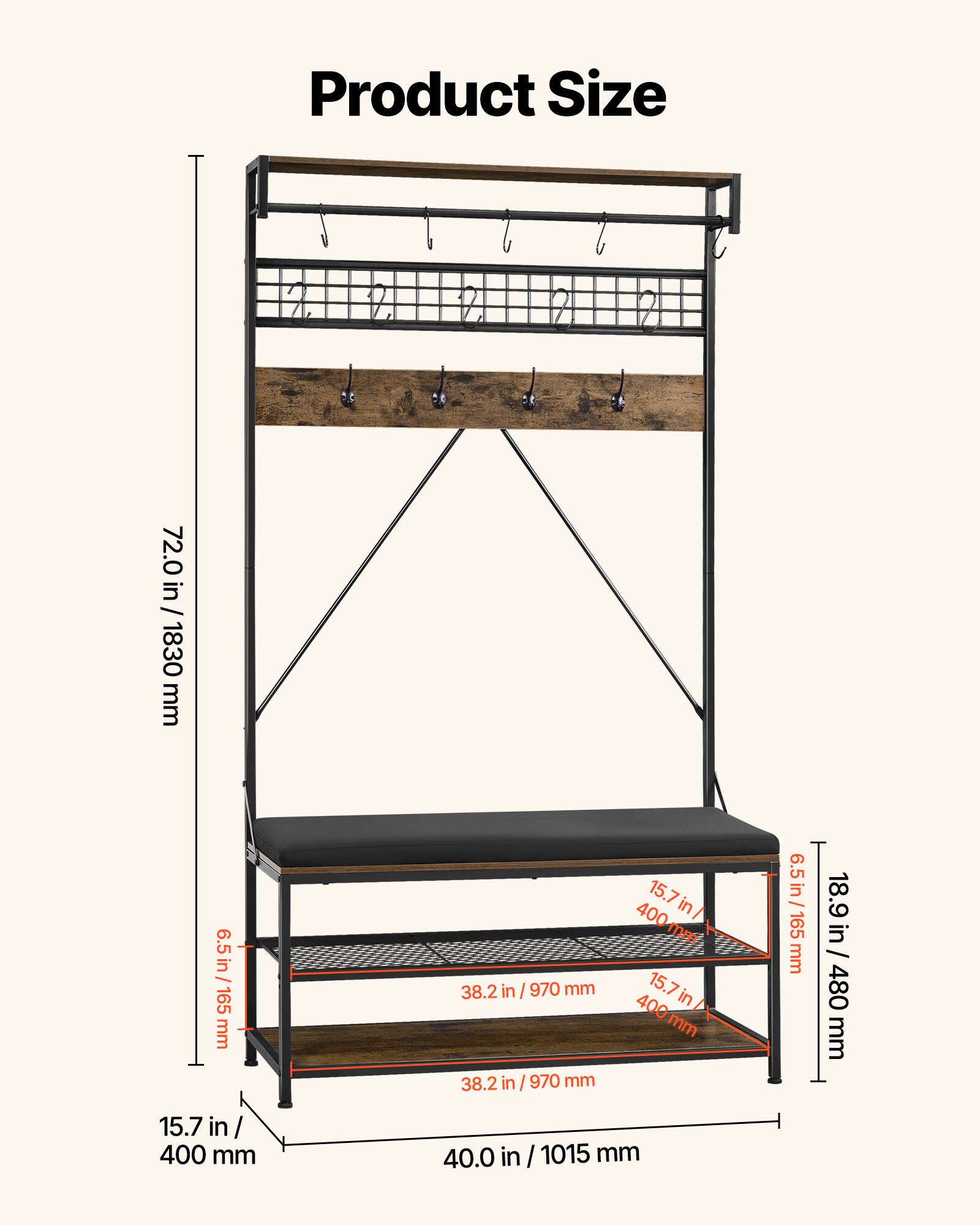 Product Size

- 72.0 in / 1830 mm
- 6.5 in / 165 mm
- 15.7 in / 400 mm
- 38.2 in / 970 mm
- 18.9 in / 480 mm
- 40.0 in / 1015 mm