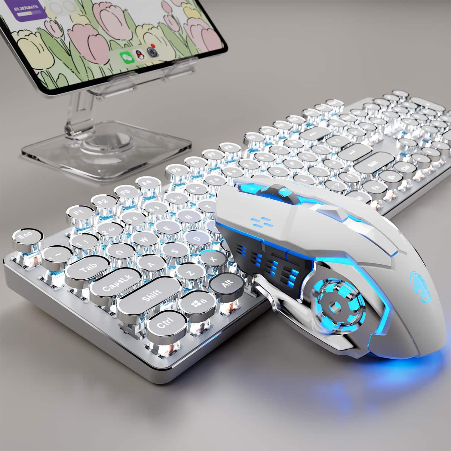 Live At Space - Eweadn Tk100 Wired Typewriter Mechanical And Mouse 104 Keys Aesthetic Combo With White Backlit Anti-ghosting Black Cute - White-Wireless