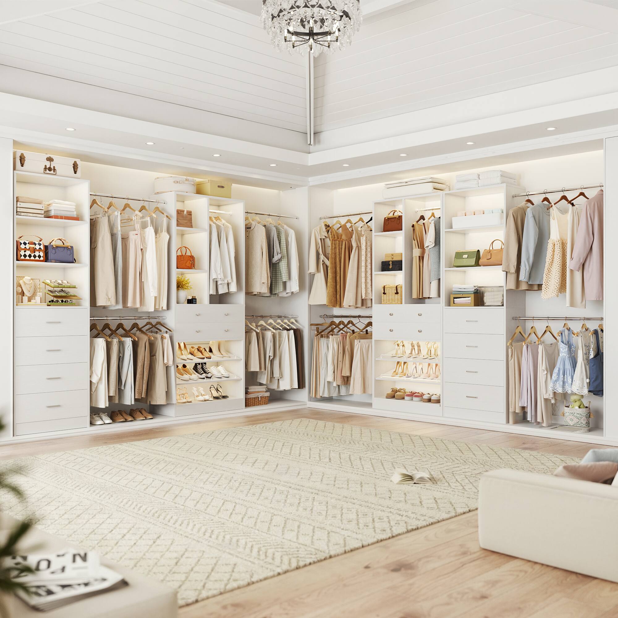 Back. Aheaplus - 49''-127'' Adjustable Closet Organizer System with 6 Drawers, 4 Hanging Rods, and Shelves - White.