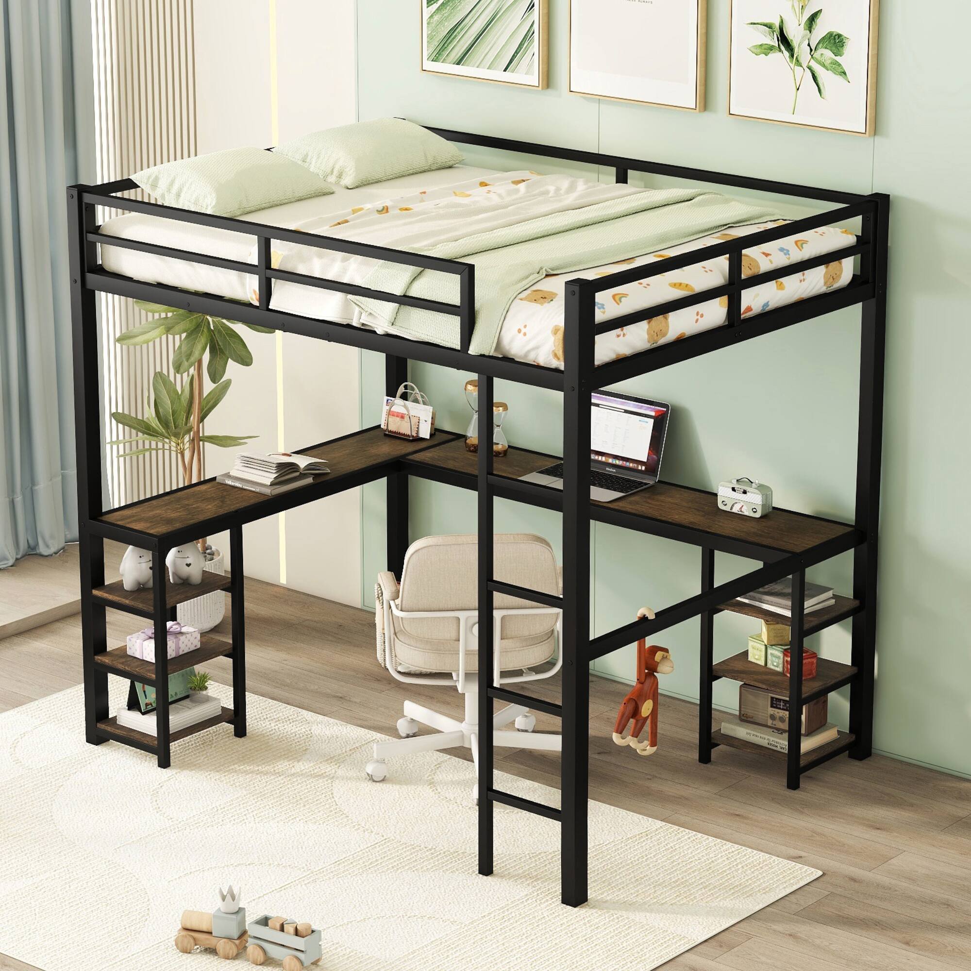 Front. Spaco - Spaco Full Metal Loft Bed, Bunk Bed with Built In Desk, Shelves, Ladder, Guardrail, Black Finish with Wood Tone Desk - Black.