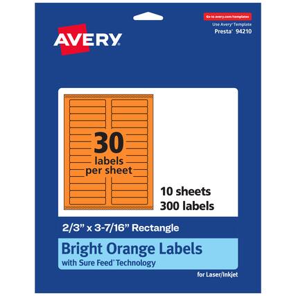Go to avery.com/templates
AVERY
Use Avery Template Presta® 94210
30 labels per sheet
10 sheets
300 labels
2/3" x 3-7/16" Rectangle
Bright Orange Labels with Sure Feed Technology for Laser/Inkjet