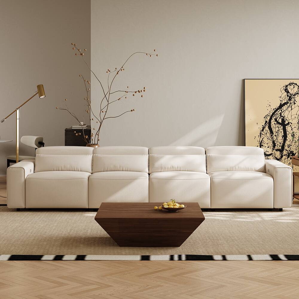 Left. POVISON - 139" Minimalist Power Reclining Modular Sofa, 2 Deep Seat 90°-145° Recline, Pet-friendly Couches, Waterproof, Black - Beige Sustainable Leather.