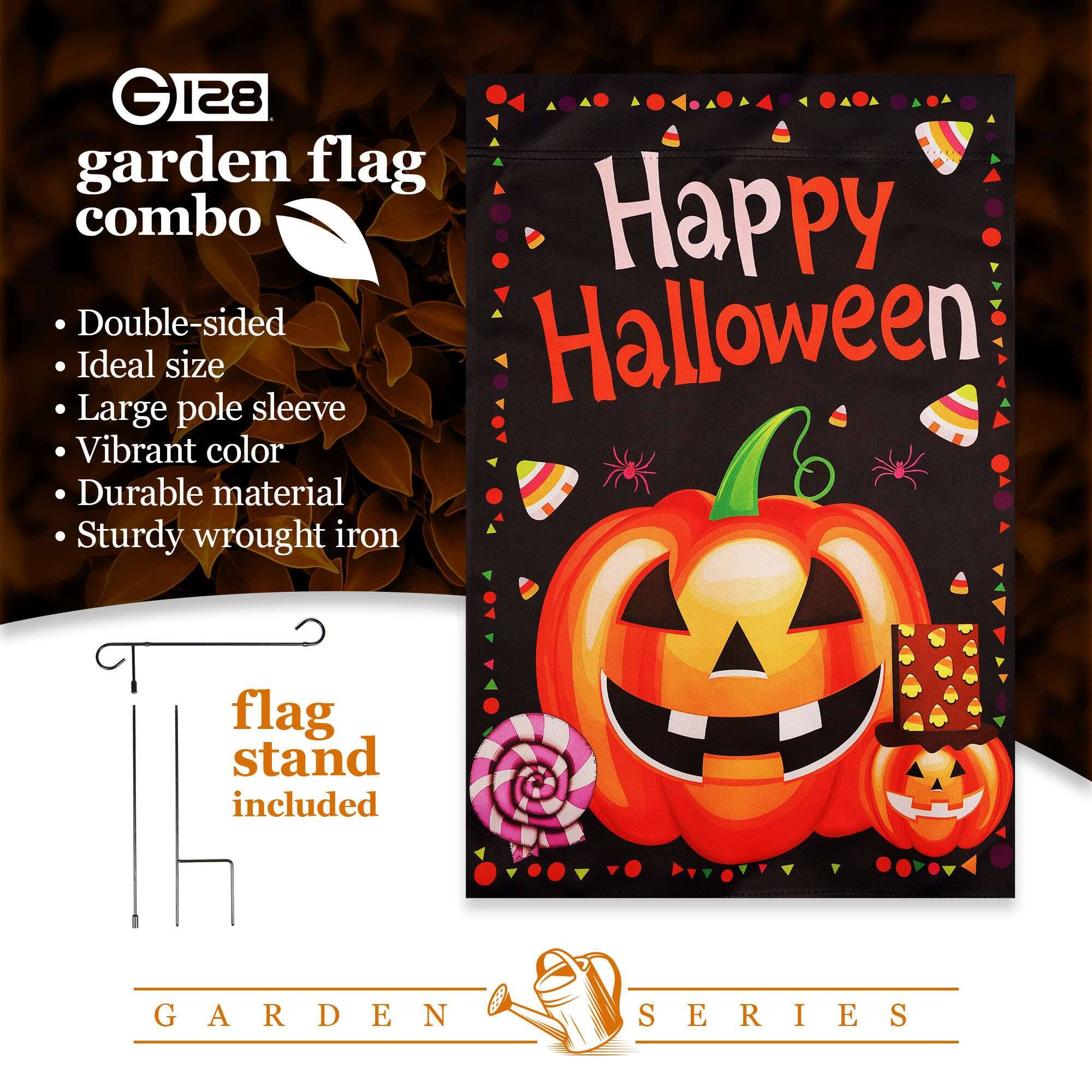 G 851 garden flag combo Happy Double-sided Halloween Ideal size Large pole sleeve Vibrant color Durable material Sturdy wrought iron flag 13 stand included

GARDEN SERIES