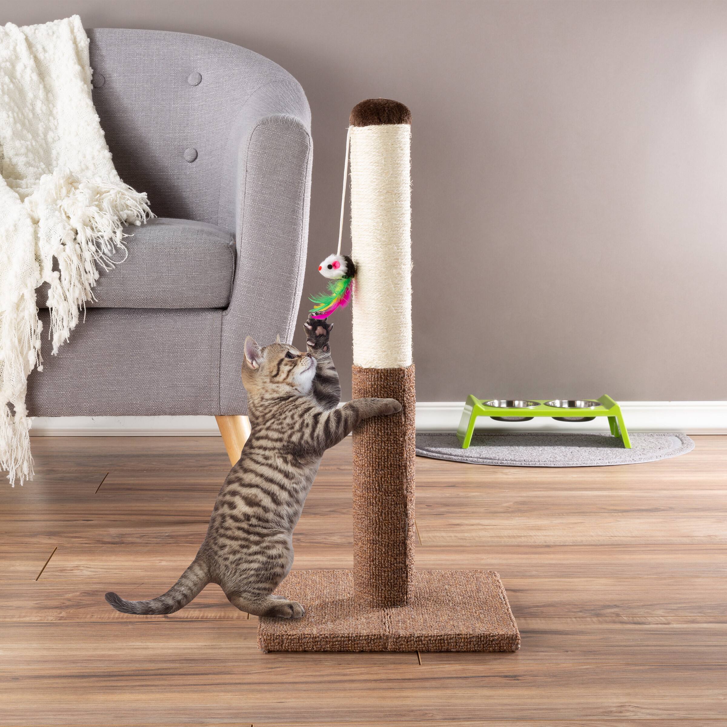 Alt View 4. PetMaker - Cat Scratching Post with Carpeted Base 24.5-Inch Sisal Fabric Scratcher with Hanging Mouse Toy for Cats and Kittens - Brown.