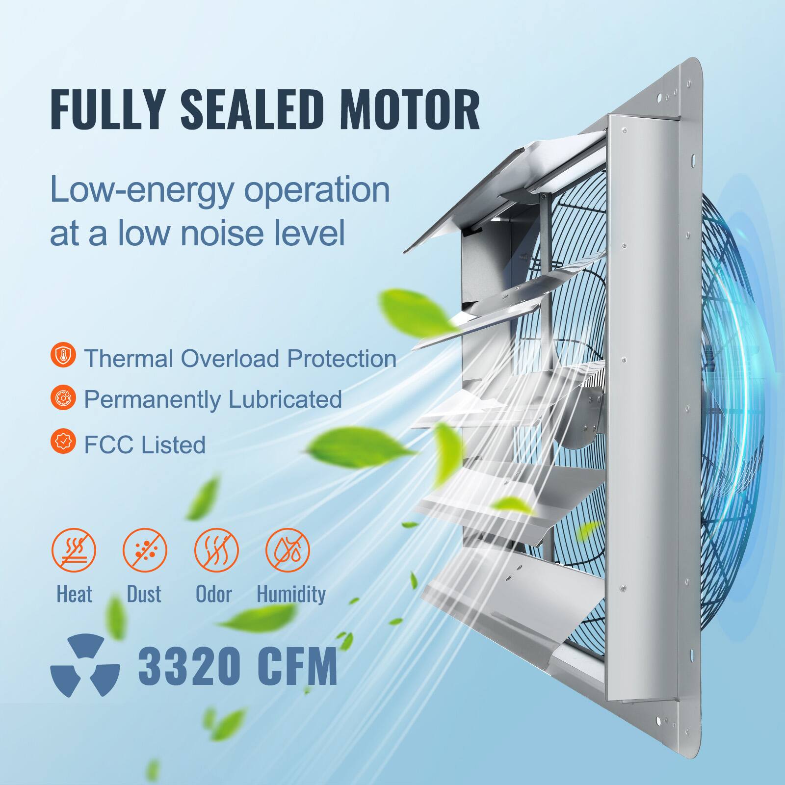FULLY SEALED MOTOR

Low-energy operation at a low noise level

- Thermal Overload Protection
- Permanently Lubricated
- FCC Listed

Heat, Dust, Odor, Humidity

3320 CFM