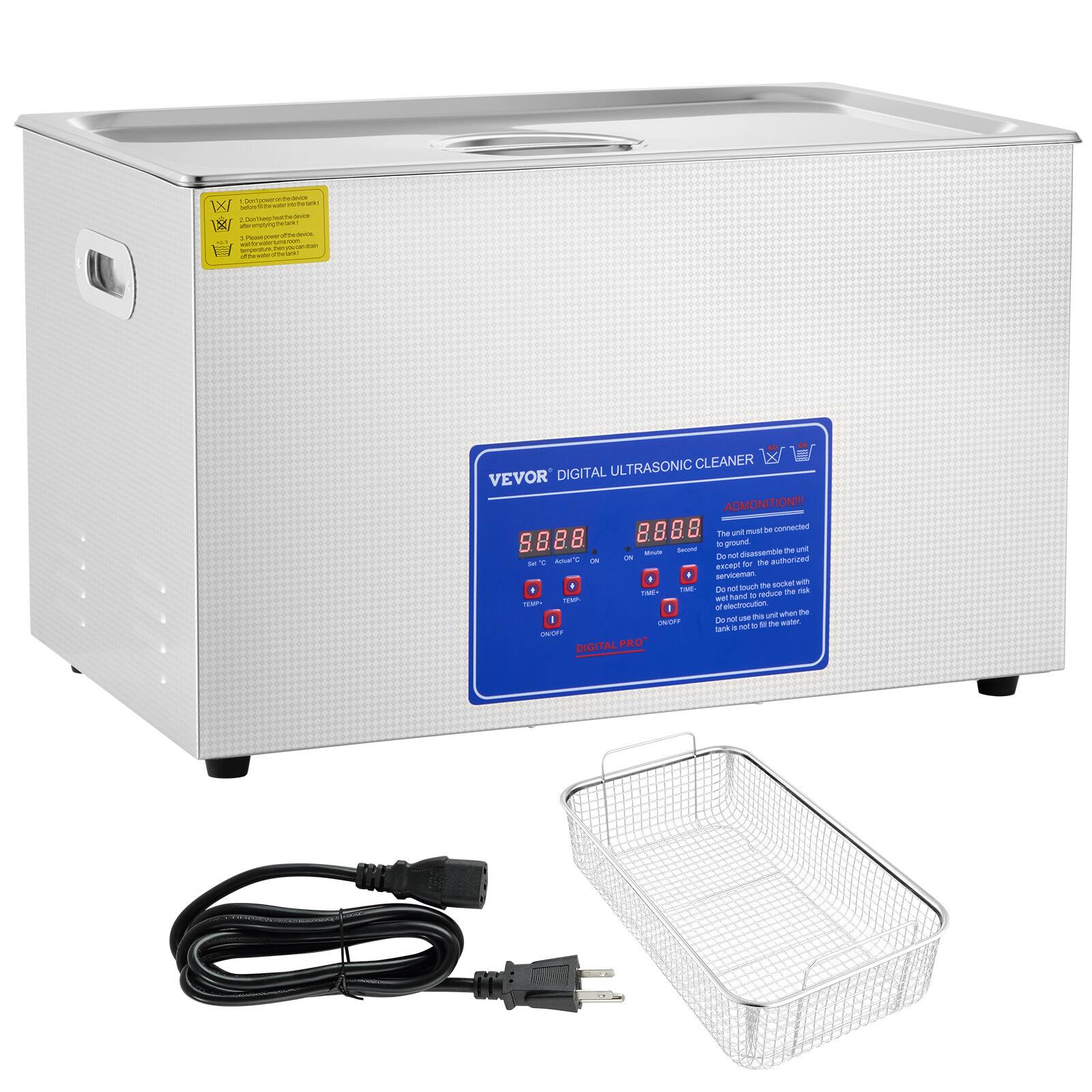 1. Before fitting the ultrasonic cleaner, please power on the device.
2. Dem/Heep/lealTedeice OUT after use.
3. Please power off the device and inspect carefully before draining.

ULTRASONIC CLEANER VEVOR DIGITAL ADMONITION!!!
The unit must be connected to ground. Second, disassemble the unit ON Do not X C Actur* CN except for the authorized gen viceman. the socket TIME- Do NOT touch risk TIVE+ reduce the TEMP. wet hand TEAPY of electrocution. and when the Do not use this ON/OFF not 11 the auder. tank 8 ONOFF DIGITALPRO"