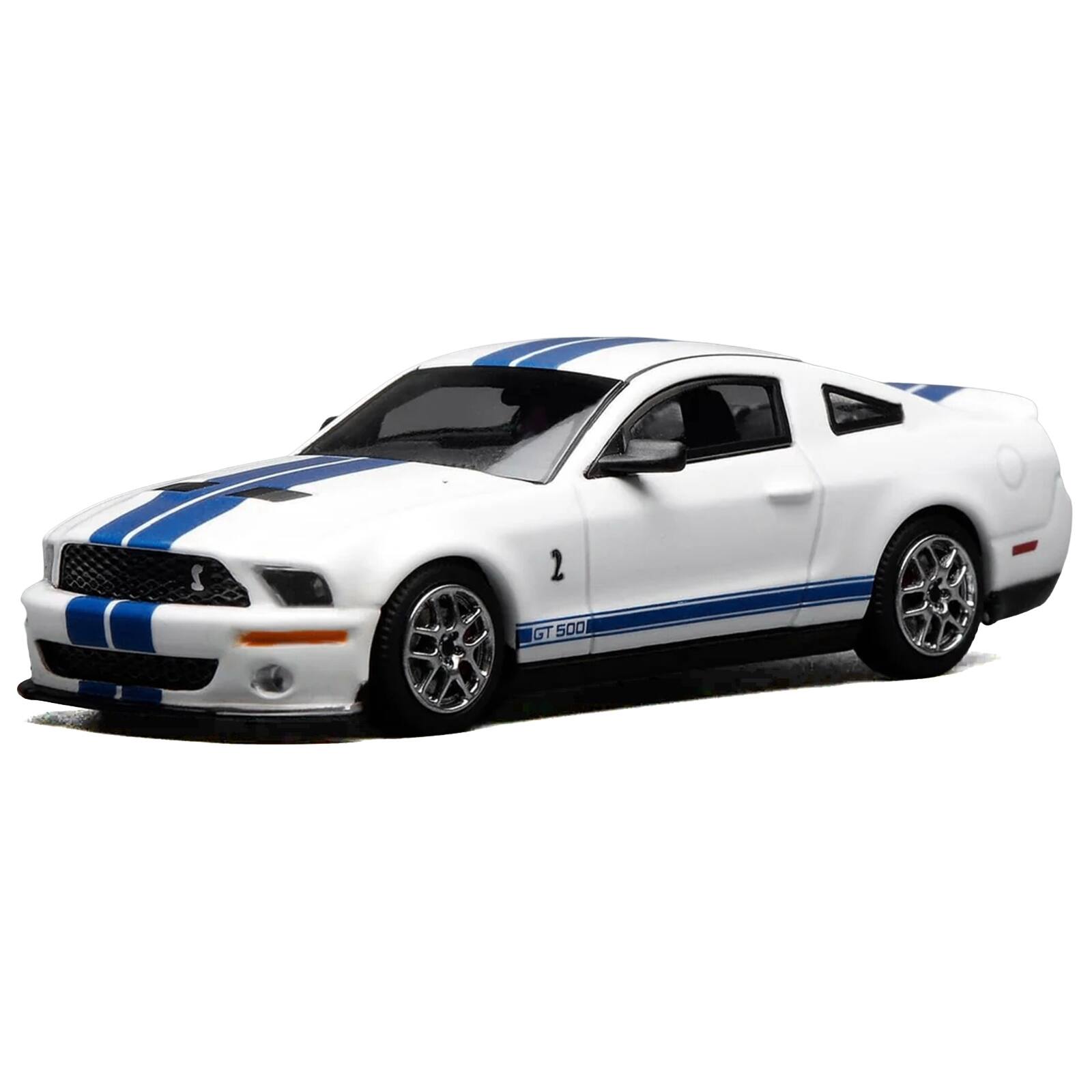 Alt View 2. MotorHelix - 2007 Ford Mustang Shelby GT500 Performance White with Blue Stripes 1/64 Diecast Model Car by MotorHelix & Greenlight.