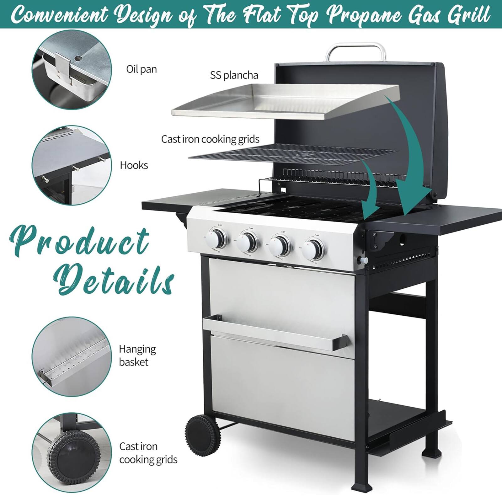 Convenient Design of The Flat Top Propane Gas Grill

Product Details

- Oil pan
- SS plancha
- Cast iron cooking grids
- Hooks
- Hanging basket
- Cast iron cooking grids