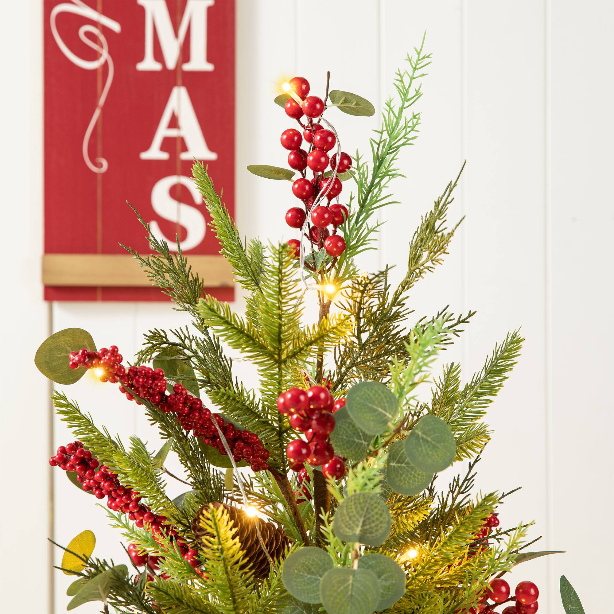 Alt View 8. Glitzhome - 36"H Christmas Lighted Pine Needle and Eucalyptus leaf Urn Porch Tree, 20 Warm White Lights with timer - Green.