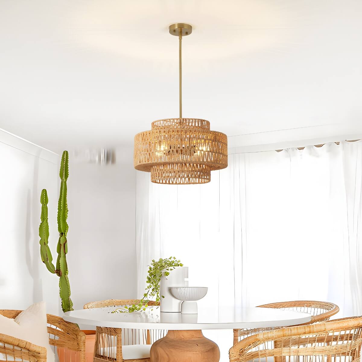 Left. Loheer - Loheer Boho Rattan Chandelier, Handwoven Wicker Four Light Pendant Fixture for Dining Room.