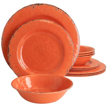 Front. Laurie Gates - Laurie Gates California Designs Mauna 12 Piece Melamine Dinnerware Set in Crackle Orange - Orange.