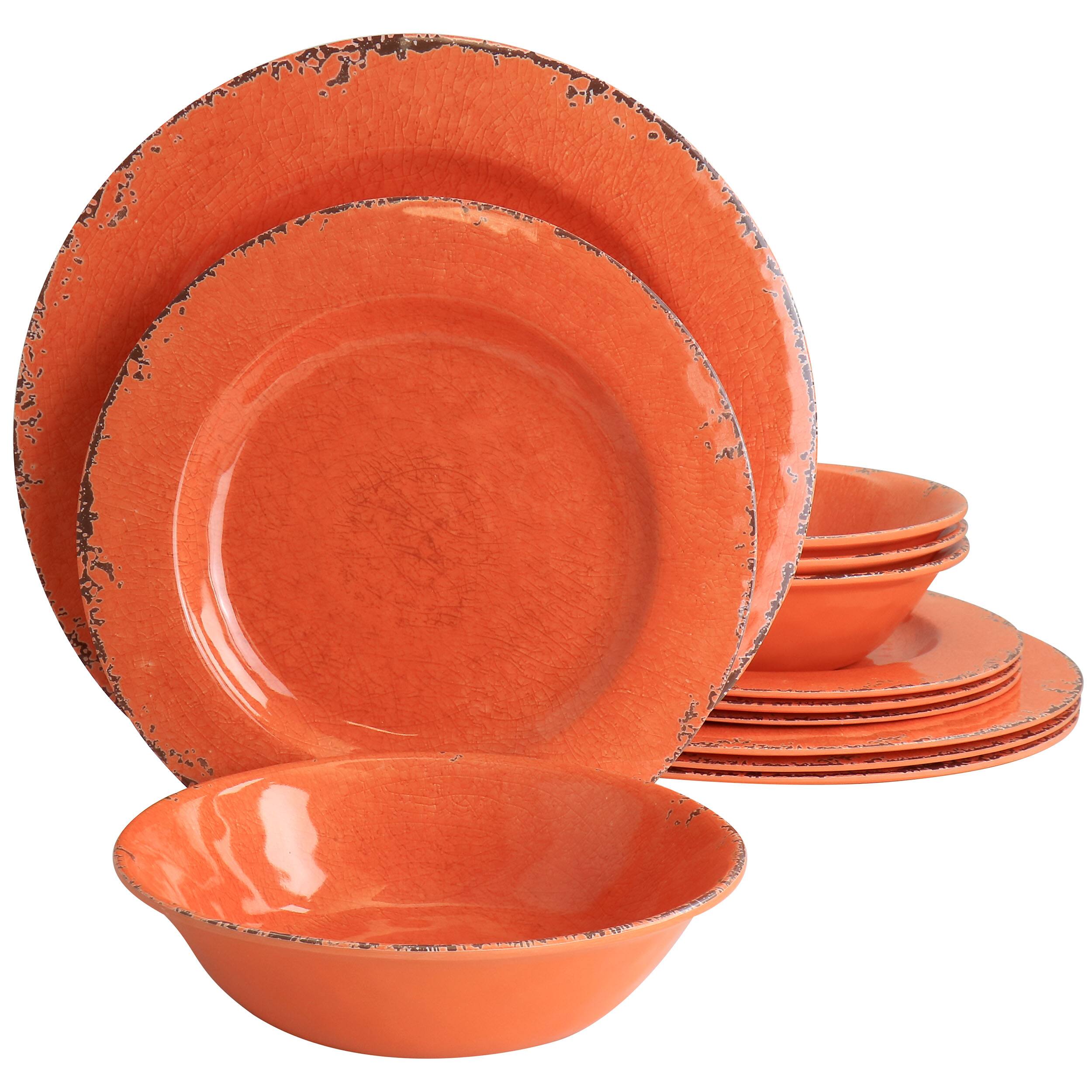 Front. Laurie Gates - Laurie Gates California Designs Mauna 12 Piece Melamine Dinnerware Set in Crackle Orange - Orange.