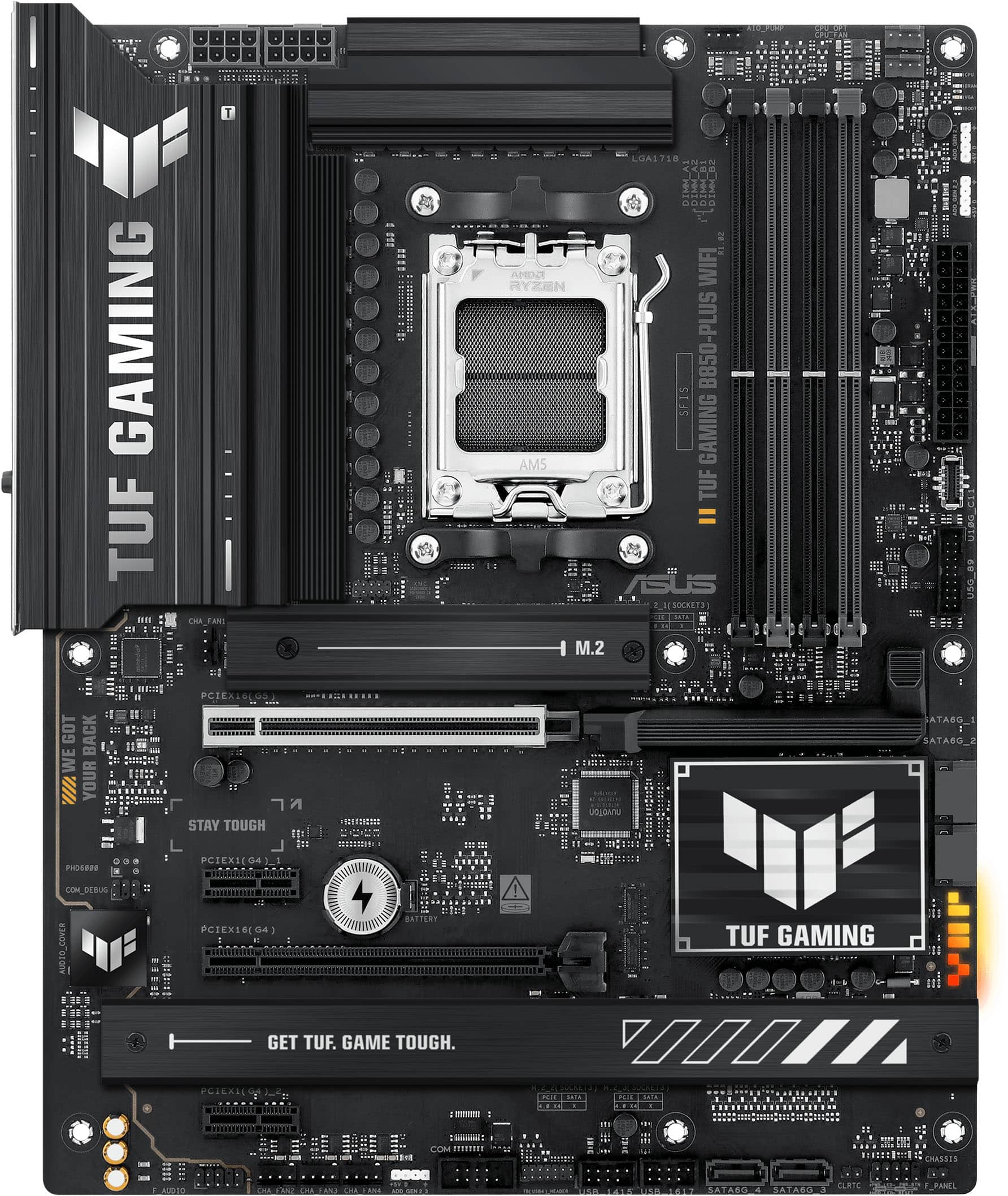 TUF GAMING is a brand of computer components and peripherals that are designed to be tough and durable for gaming and other demanding applications. The image shows a close-up of a TUF GAMING motherboard, which is a crucial component of a computer system. The motherboard is black and features a TUF logo, indicating its affiliation with the TUF GAMING brand.