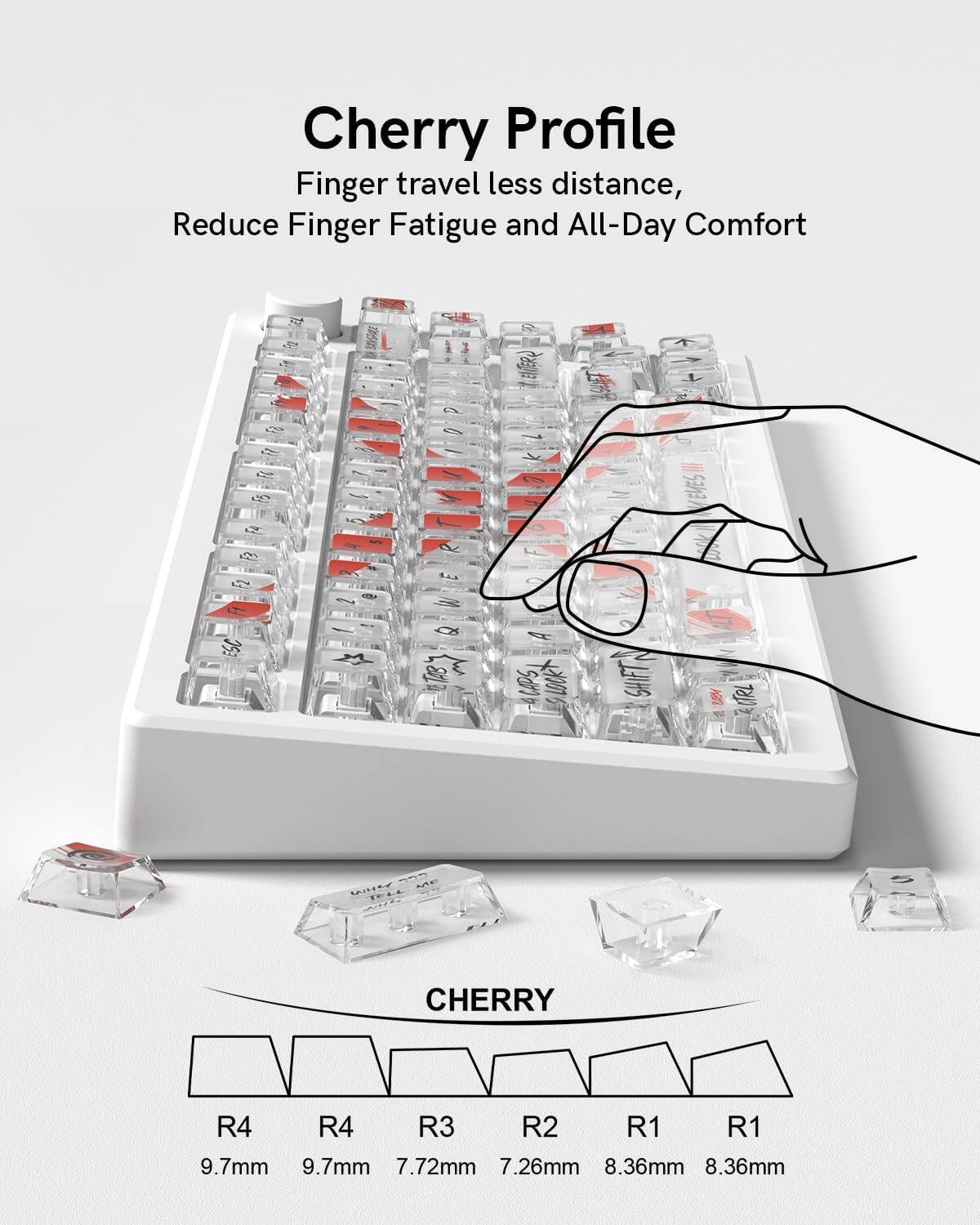 Cherry Profile  
Finger travel less distance, Reduce Finger Fatigue and All-Day Comfort  

XS EER EVES ACAPS LKT EL SHIFT (TRL SAned M TOLL CHERRY R4 R4 R3 R2 R1 R1 9.7mm 9.7mm 7.72mm 7.26mm 8.36mm 8.36mm  

CHERRY  
R4 9.7mm  
R4 9.7mm  
R3 7.72mm  
R2 7.26mm  
R1 8.36mm  
R1 8.36mm