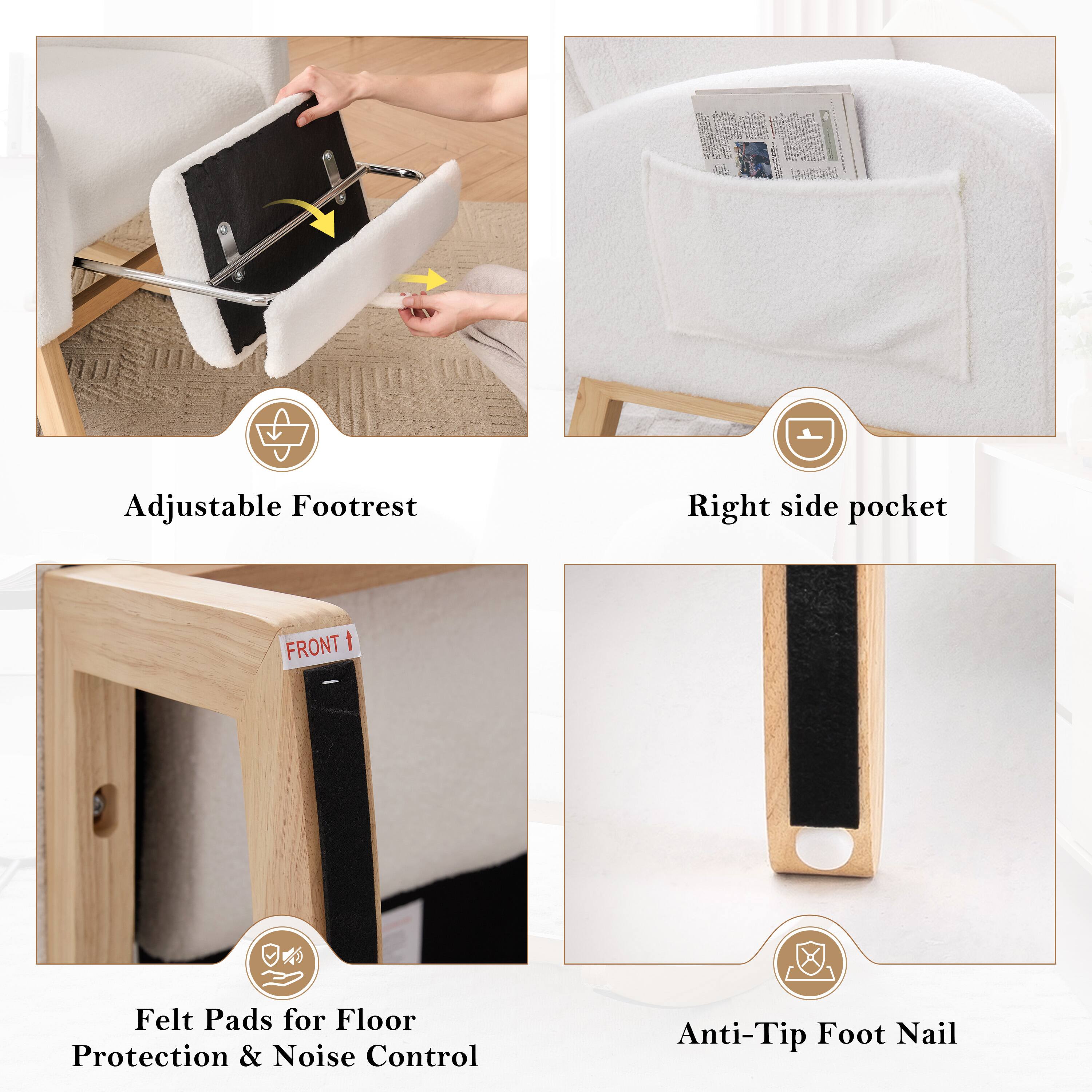 AUCN Adjustable Footrest  
Right side pocket  
FRONT  
Felt Pads for Floor Protection & Noise Control  
Anti-Tip Foot Nail