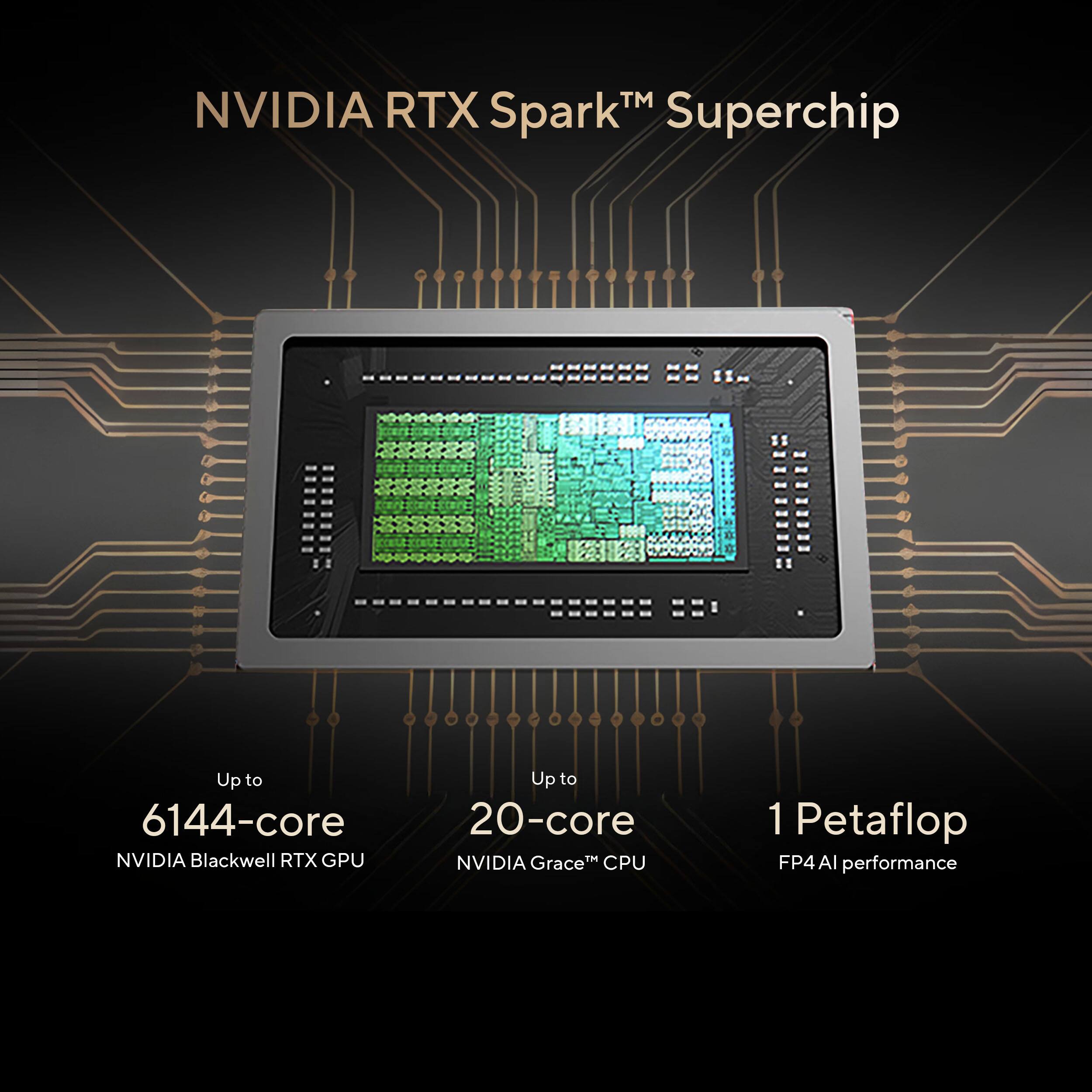 NVIDIA RTX Spark™ Superchip

Up to 6144-core NVIDIA Blackwell RTX GPU

Up to 20-core NVIDIA Grace™ CPU

1 Petaflop FP4 AI performance